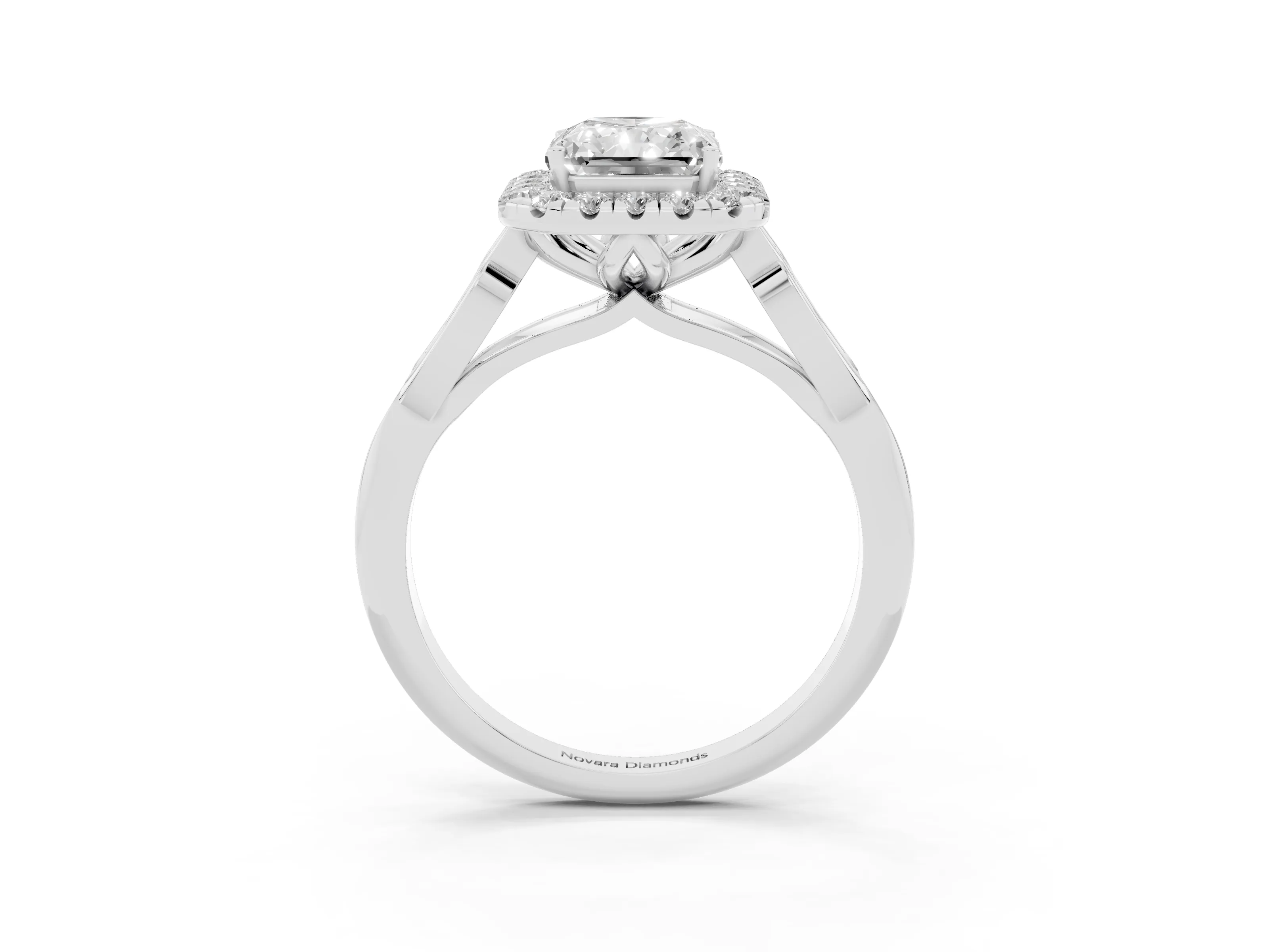 Radiant Cut Diamond Halo Engagement Ring Set in White gold with Filigree Band and Prong-Set Center