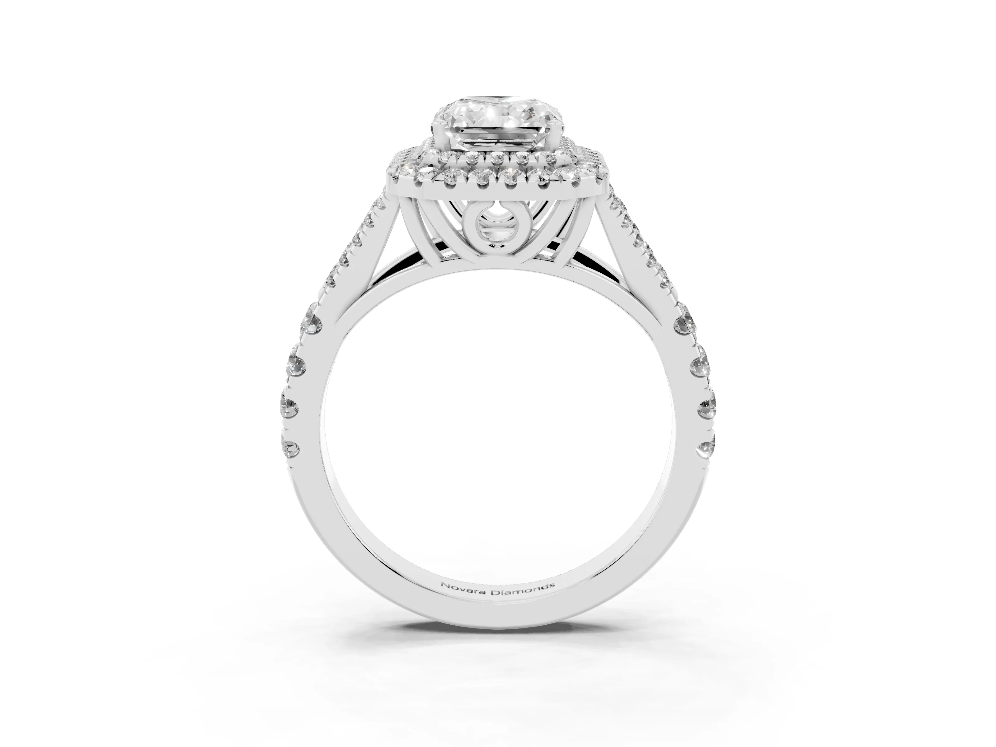 Radiant Cut Diamond Pavé Split Shank Double Halo Engagement Ring Set in White gold