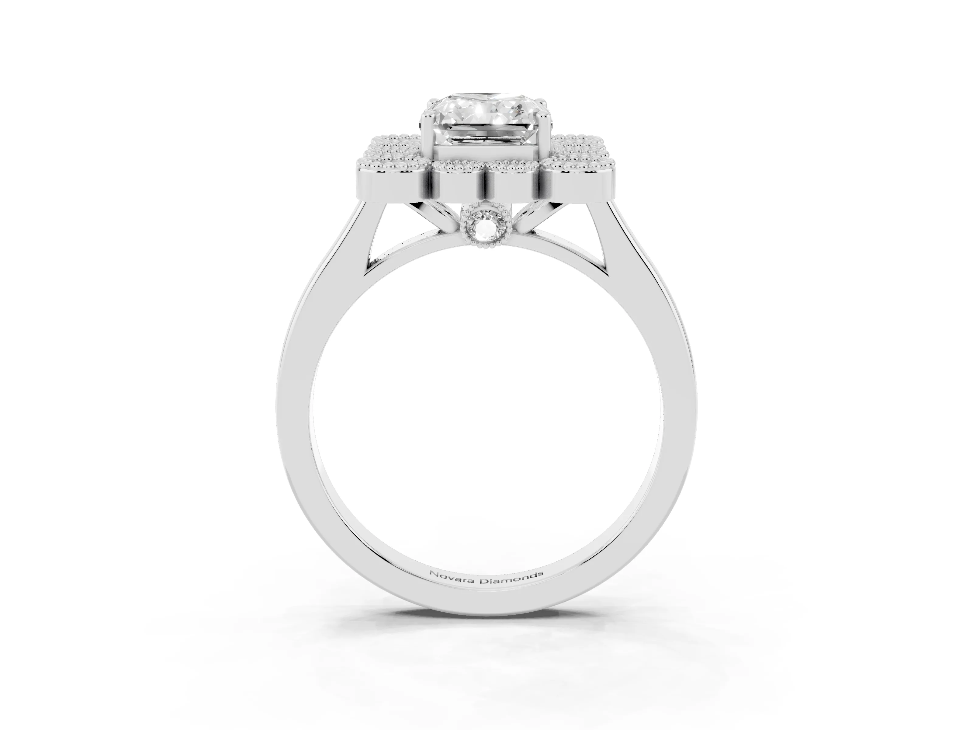 Radiant Cut Diamond Cluster Halo Ring Set in White gold with Milgrain Bezel Accents and Plain Band