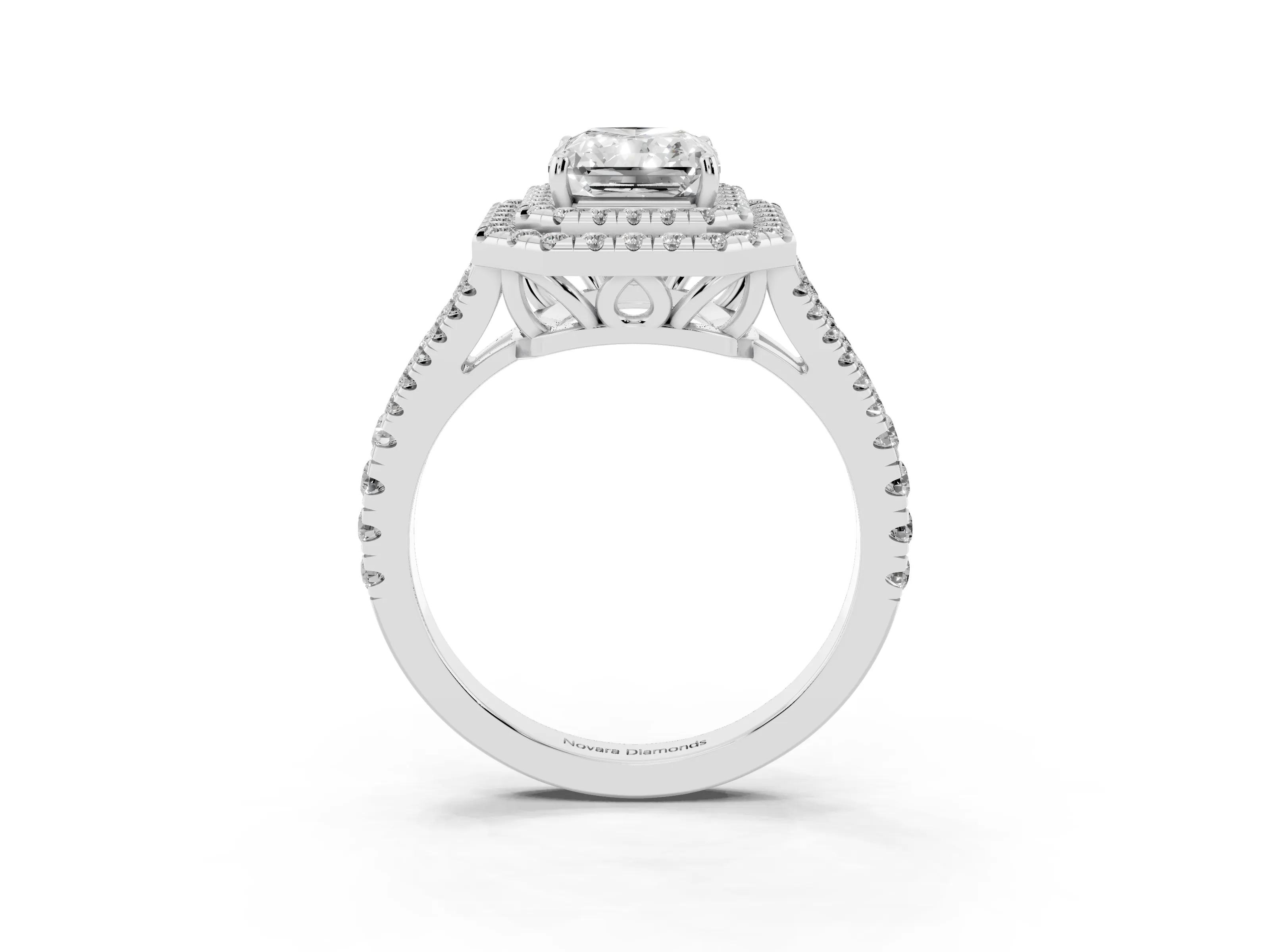 Radiant Cut Diamond Double Halo Ring Set in Silver with Pavé Band