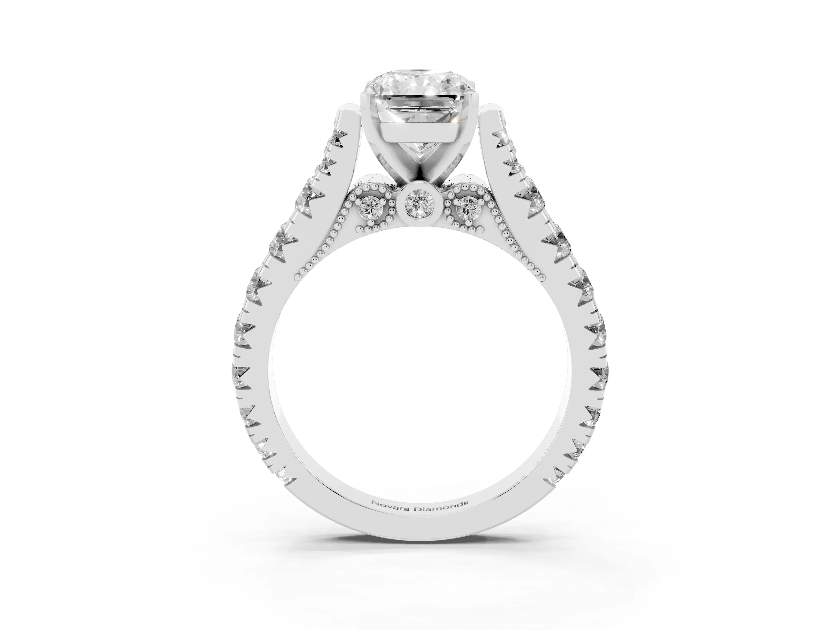 Radiant Cut Diamond Classic Solitaire Ring Set in Platinum with Pavé Band and Prong Setting