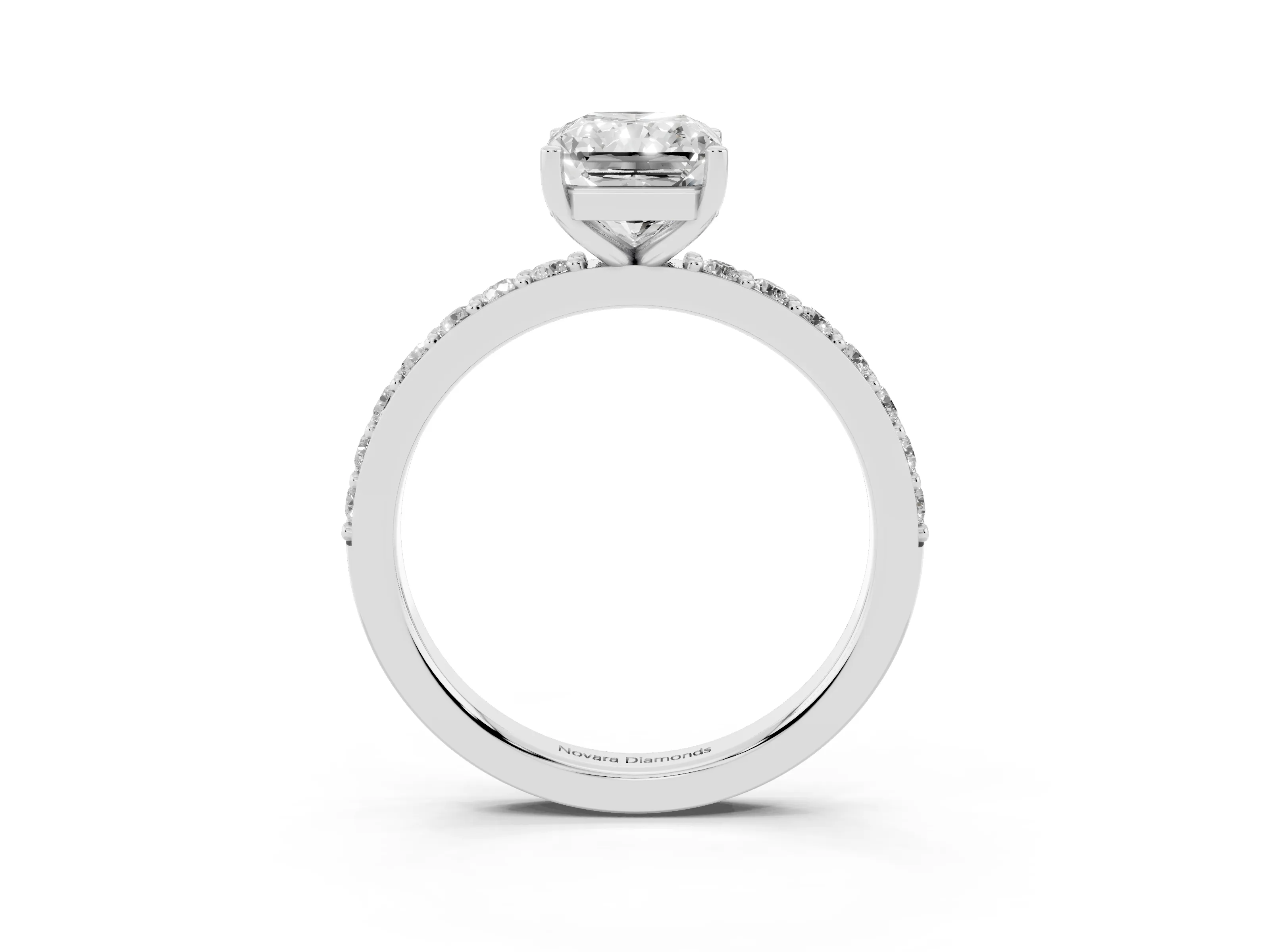 Radiant Cut Diamond Solitaire Set in White gold with Round Pavé Band and Prong Setting