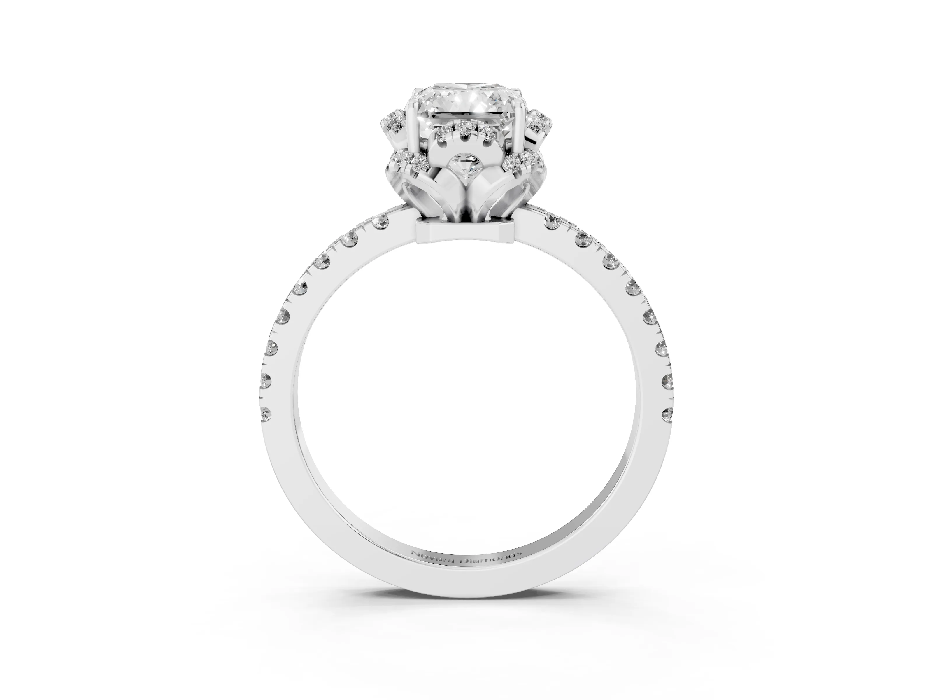 Radiant Cut Diamond Halo Pavé Band Ring Set in Platinum with Prong-Held Center