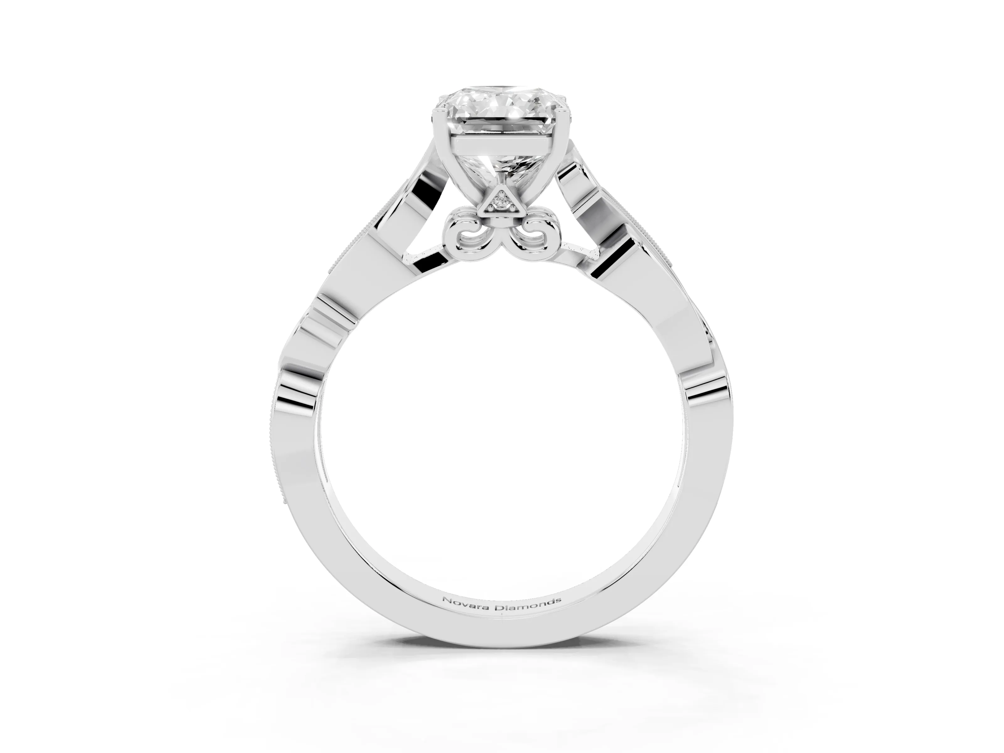 Radiant Cut Diamond Vine Band Solitaire Ring Set in Platinum with Milgrain Prong Setting
