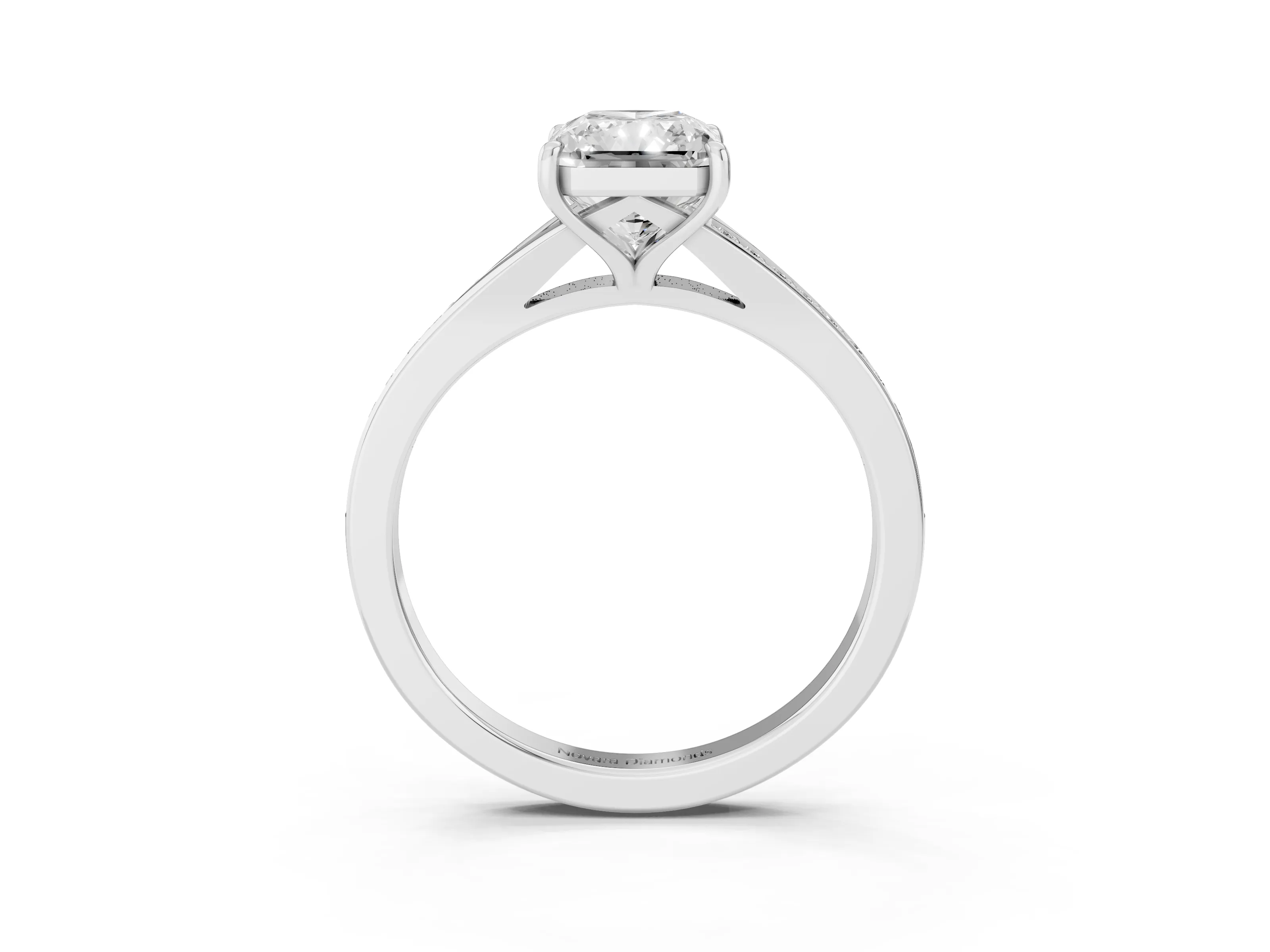 Radiant Cut Diamond Solitaire Ring Set in White gold with Pavé Accent Band and Classic Prong Setting