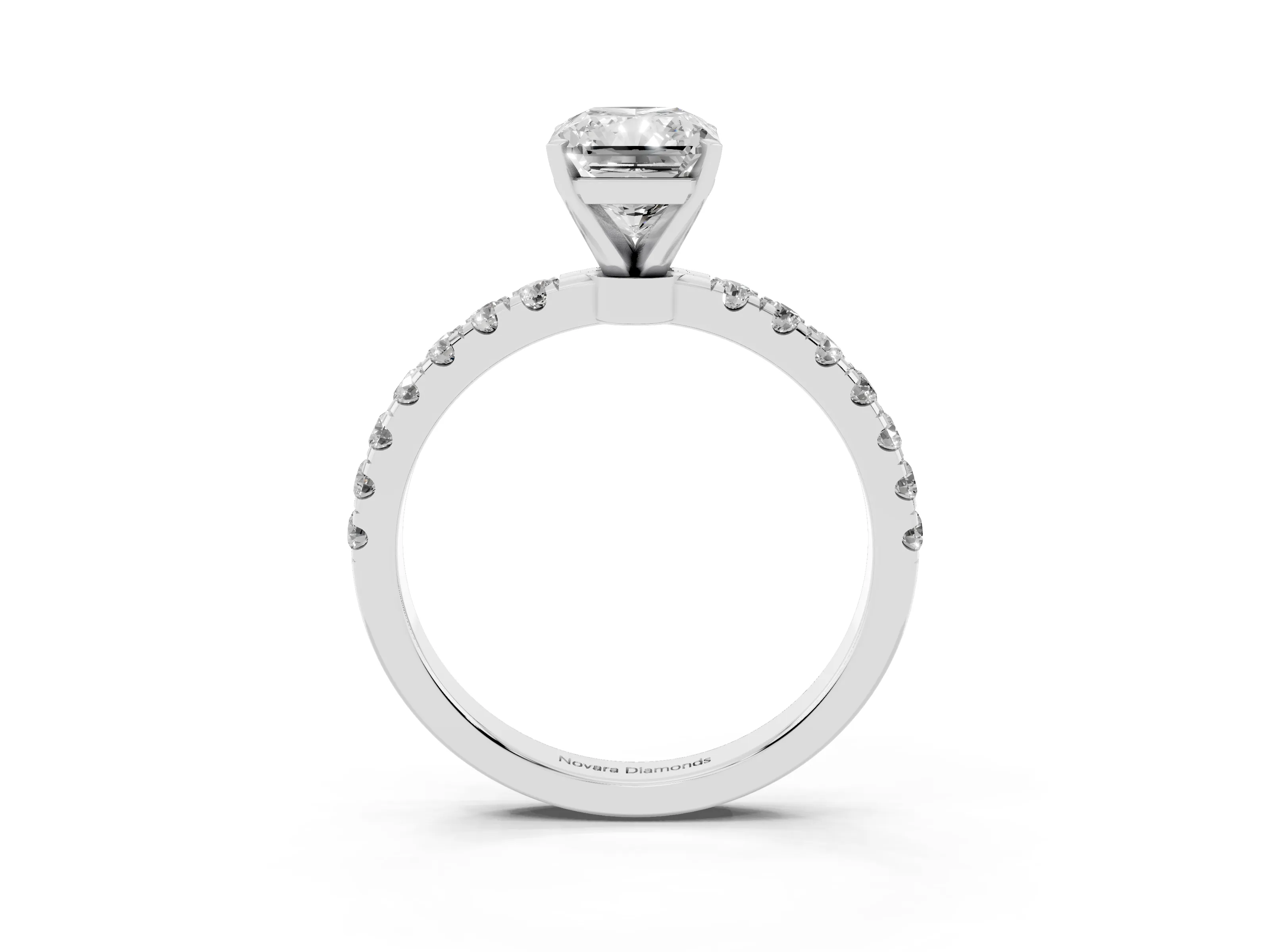 Radiant Cut Diamond Solitaire Ring Set in White gold with Pavé Accents and Prong Setting