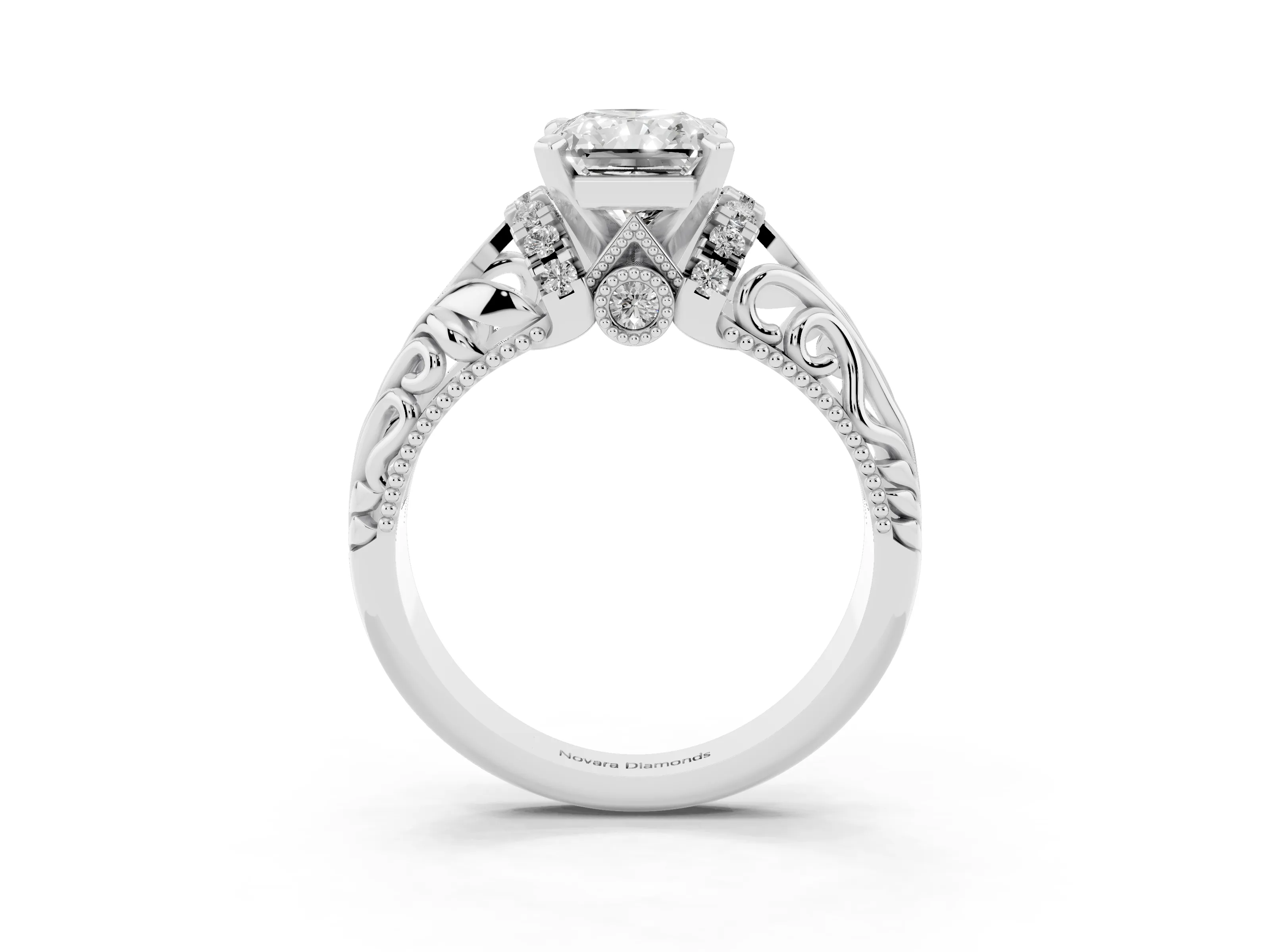 Radiant Cut Diamond Filigree Halo Engagement Ring Set in Silver with Prong Setting