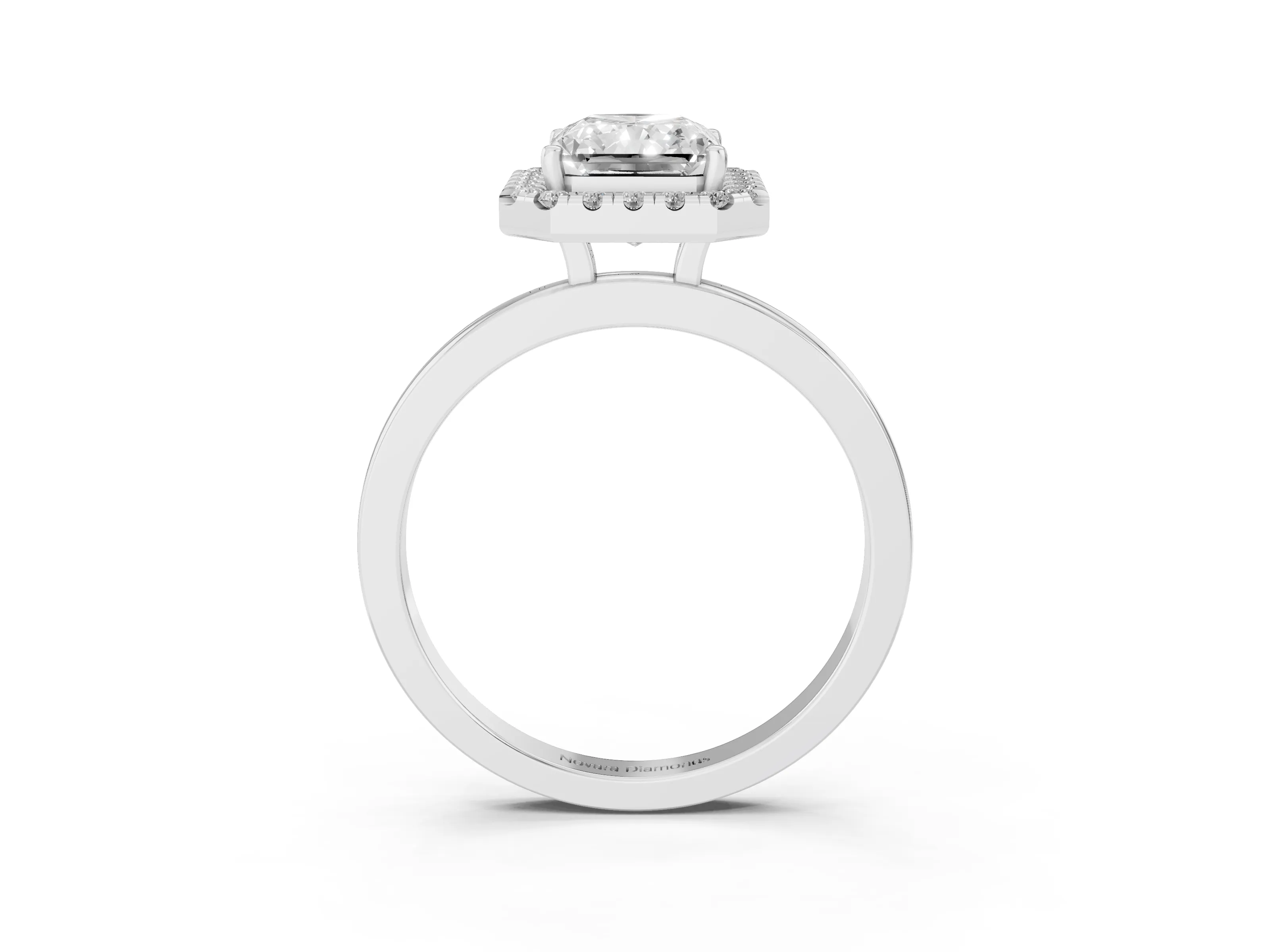 Radiant Cut Diamond Halo Solitaire Ring Set in Platinum with Pavé Band and Prong Setting