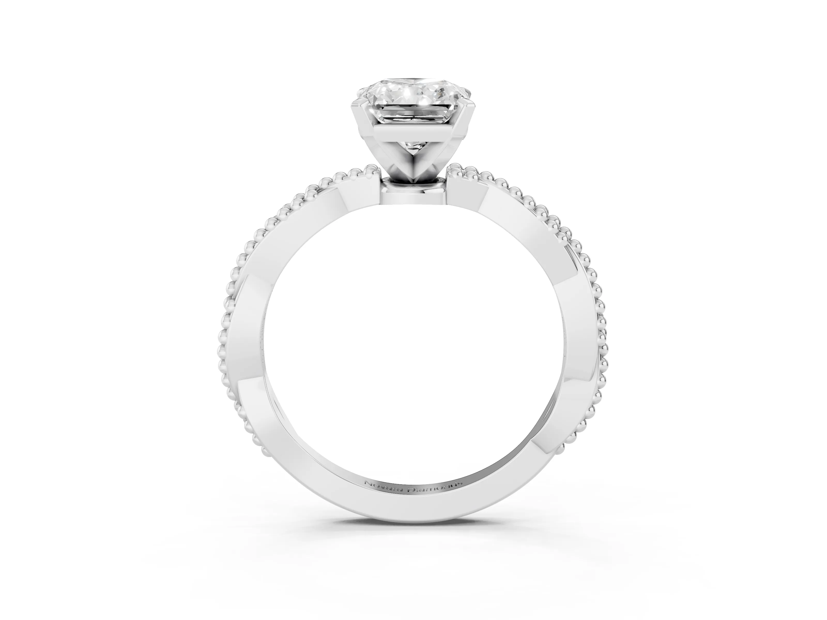 Radiant Cut Diamond Solitaire Ring Set in Platinum with Twisted Band and Bead Prong Setting
