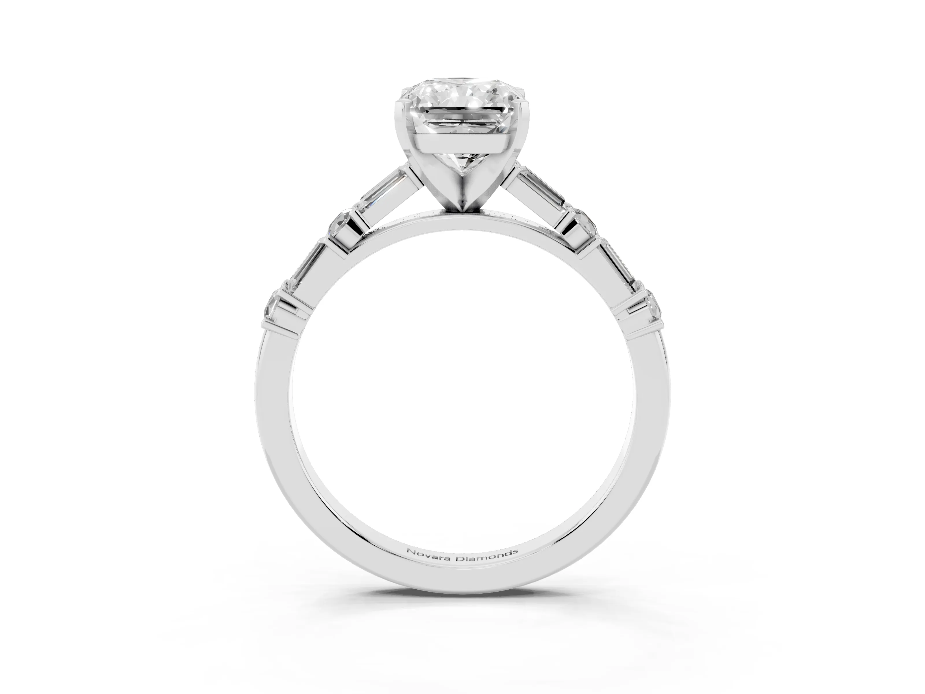 Radiant Cut Diamond Solitaire Set in White gold with Side Baguettes and Channel Set Band