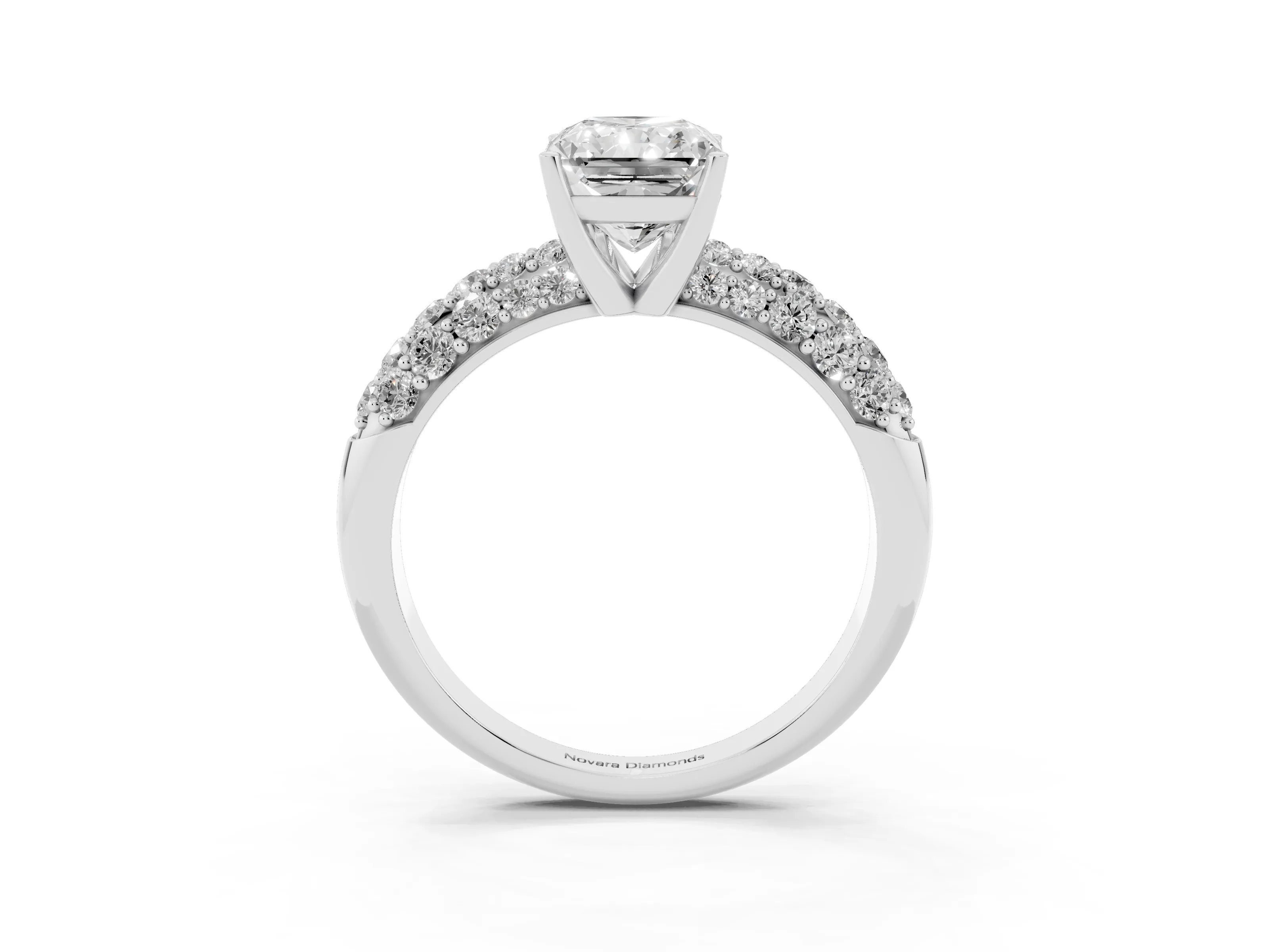 Radiant Cut Diamond Pavé Band Solitaire Ring Set in White gold with Close-Set Accent Stones and Prong Setting