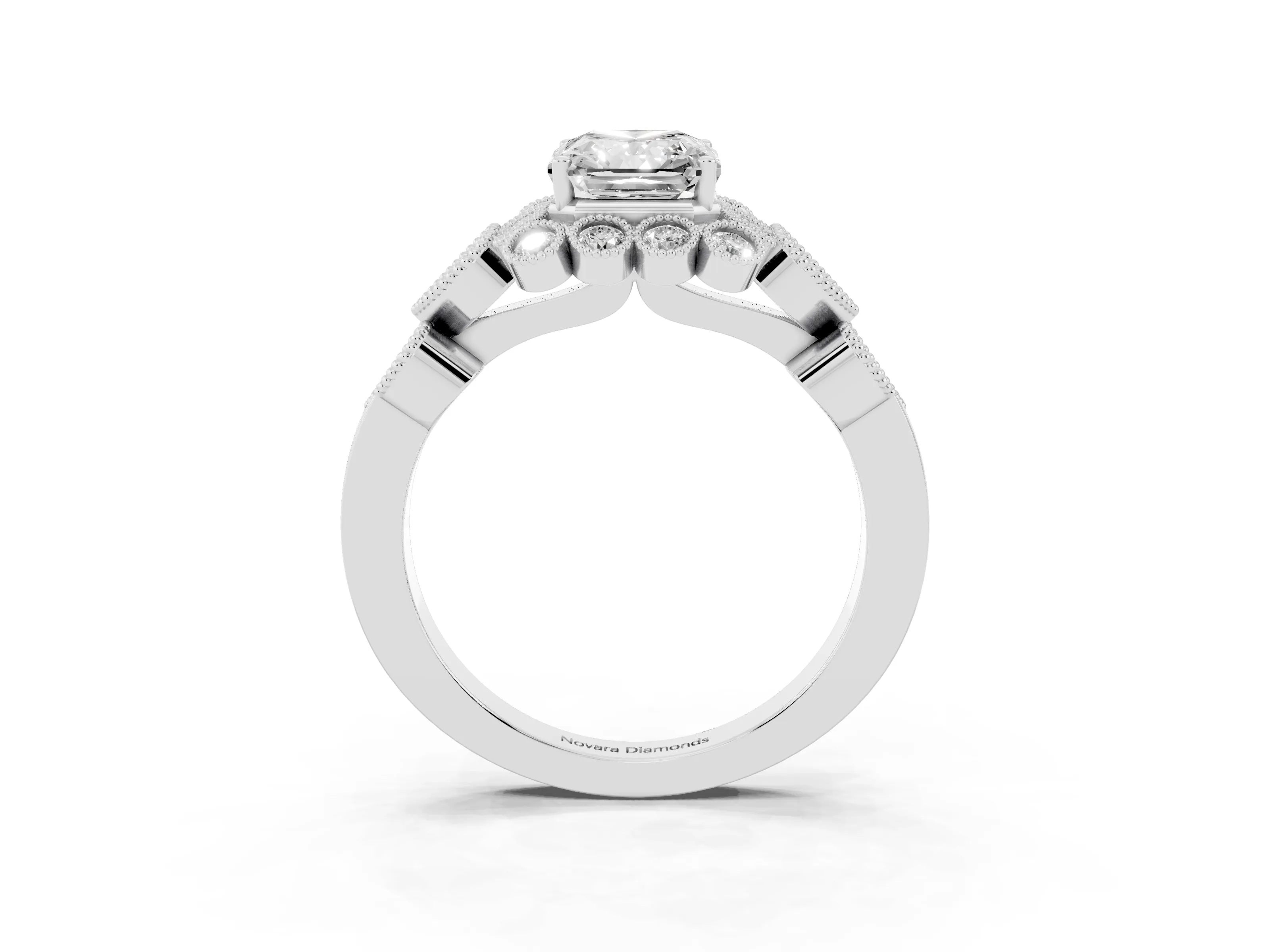 Radiant Cut Diamond Solitaire Ring Set in White gold with Milgrain Pavé Heart Band