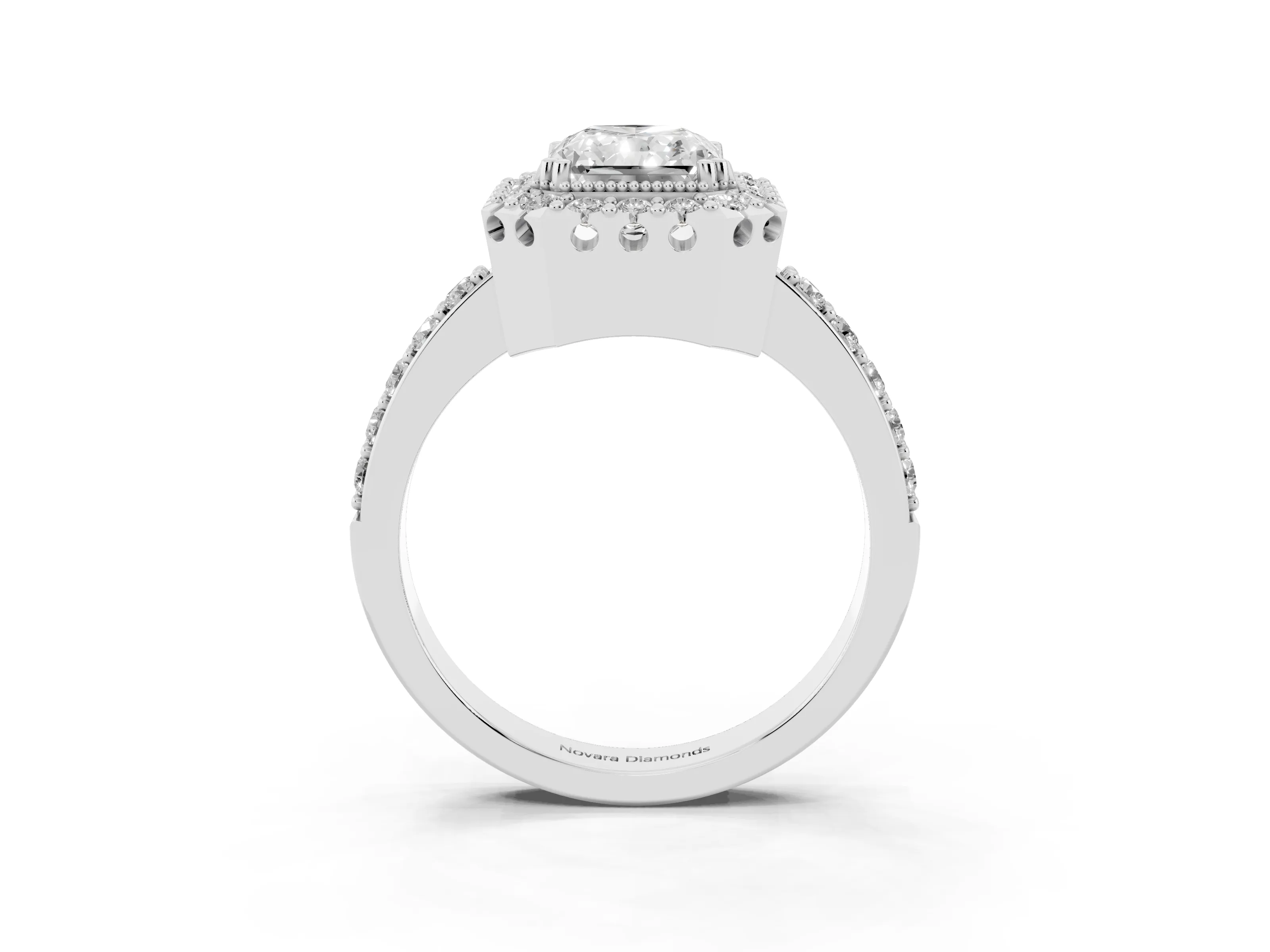 Radiant Cut Diamond Halo Ring Set in White gold with Pavé Shank and Prong Setting
