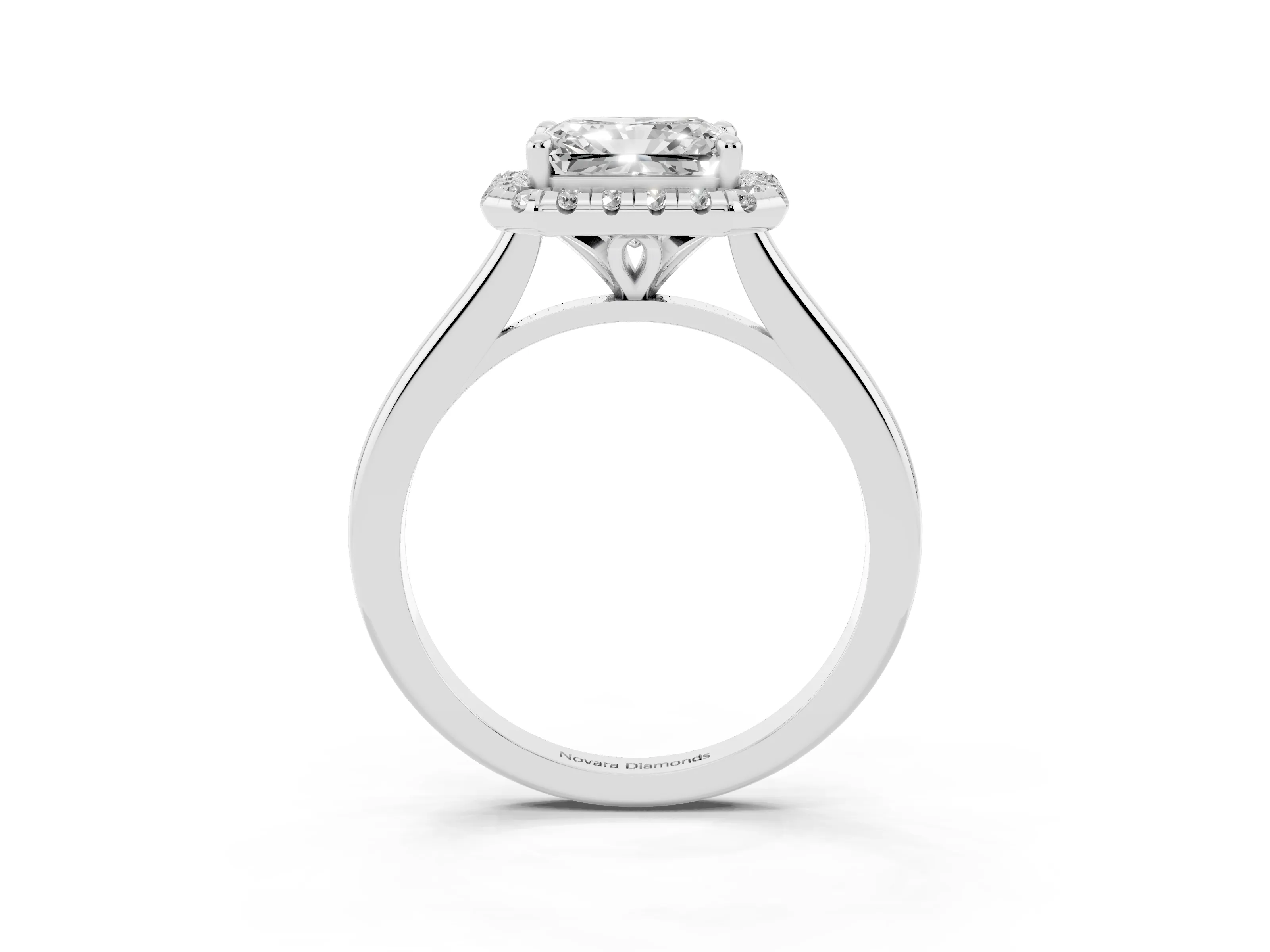 Radiant Cut Diamond Halo Engagement Ring Set in Silver with Pavé Band and Rising Shoulders