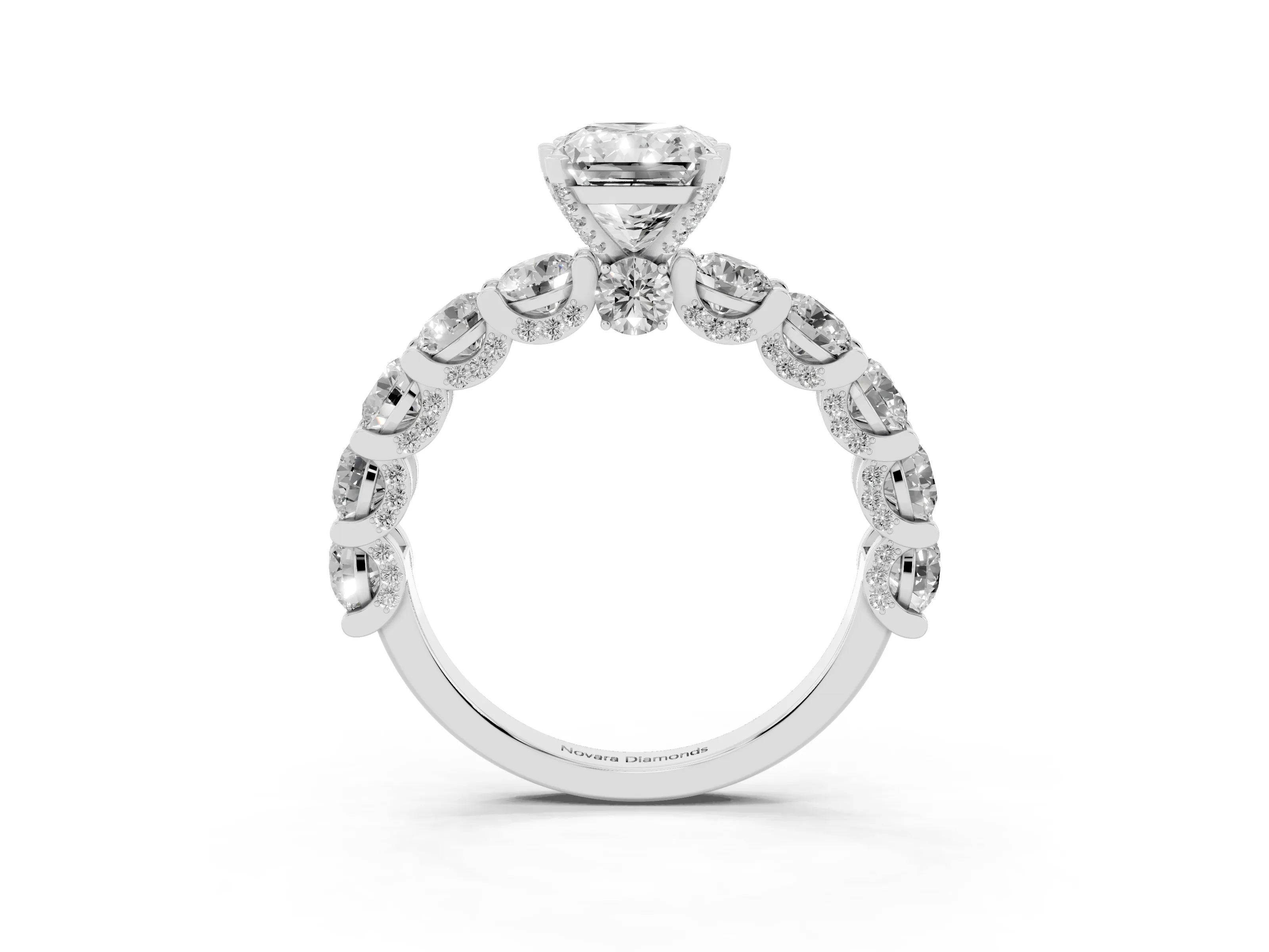 Radiant Cut Diamond Side Stone Ring Set in White gold with Alternating Round and Oval Side Stones