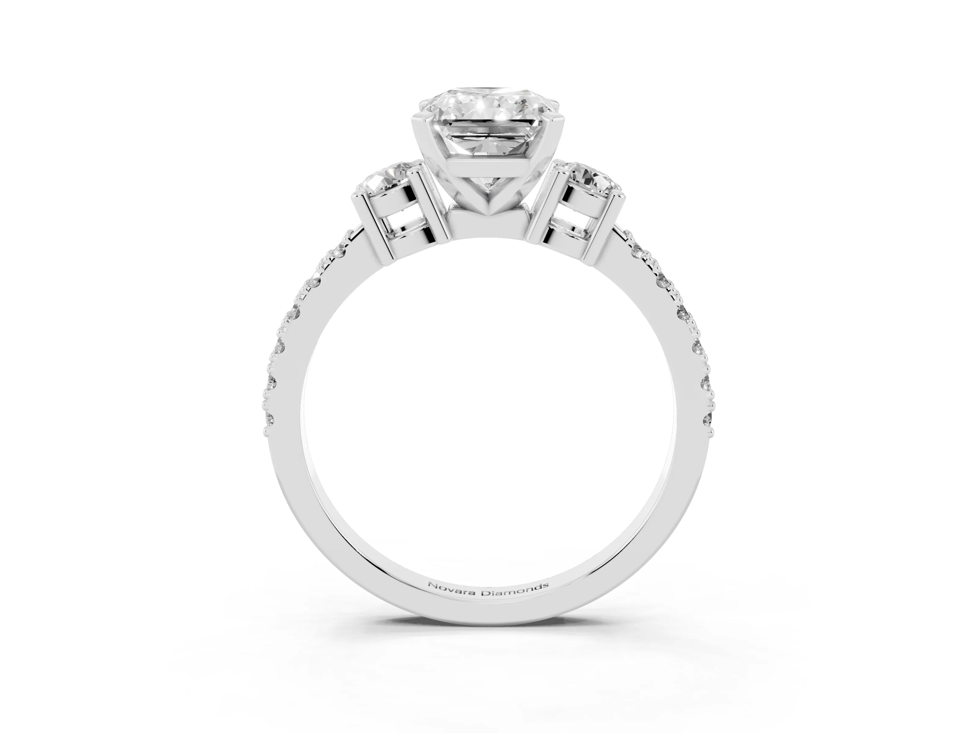 Three-Stone Radiant Cut Diamond Pavé Band Ring Set in Platinum with Prong Setting