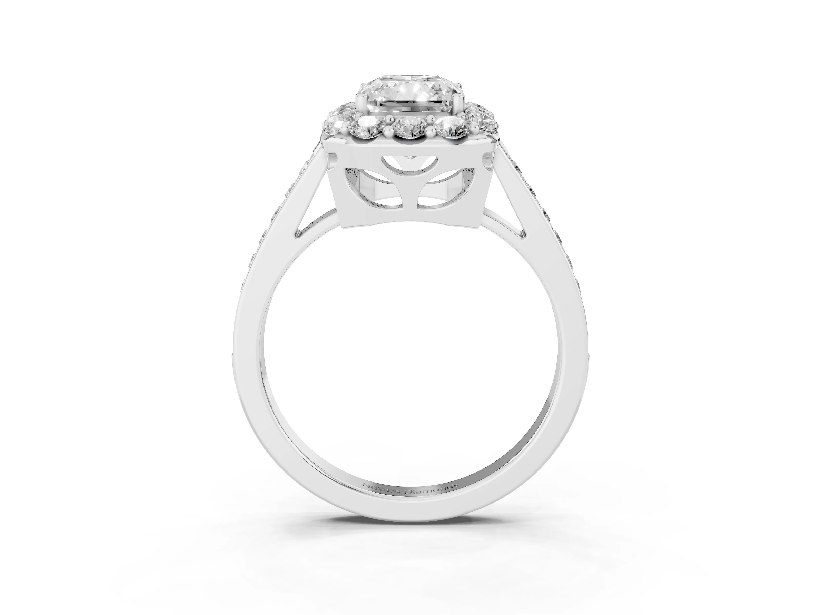 Radiant Cut Diamond Floral Halo Ring Set in Platinum with Pavé Band and Prong Setting