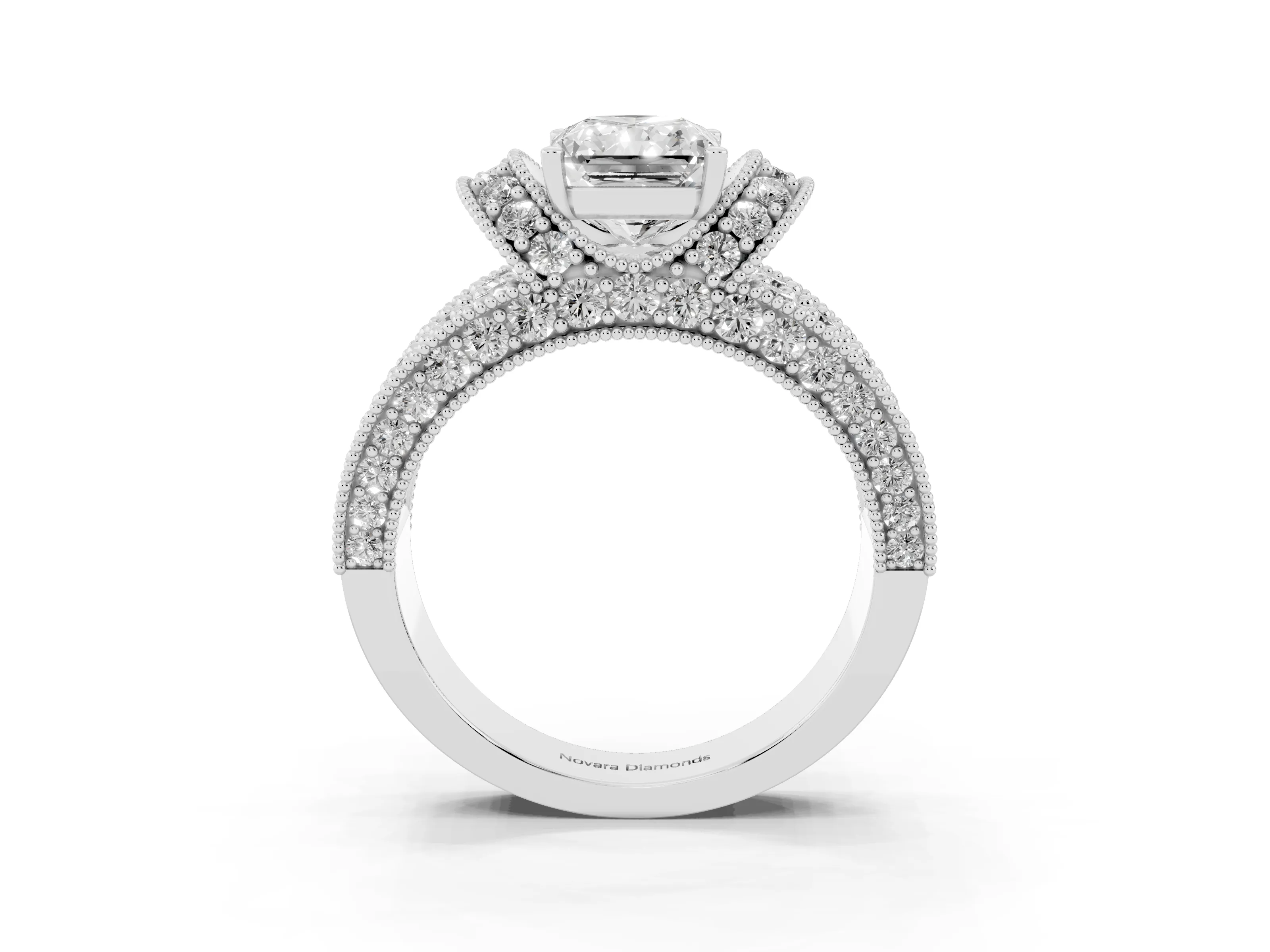 Radiant Cut Diamond Milgrain Halo Pavé Engagement Ring Set in Silver with Prong Setting