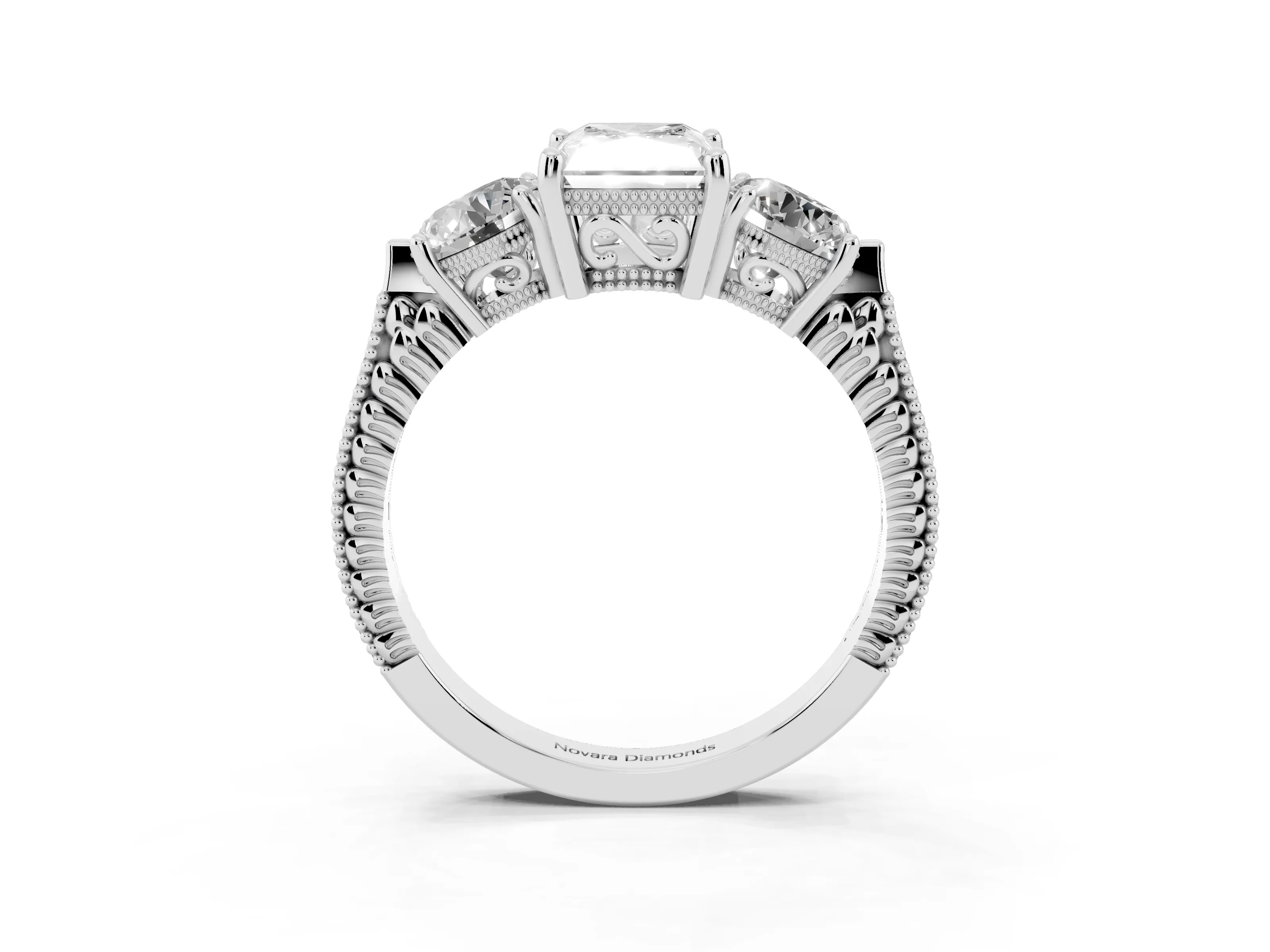 Radiant Cut Diamond Three-Stone Ring Set in Silver with Milgrain Band