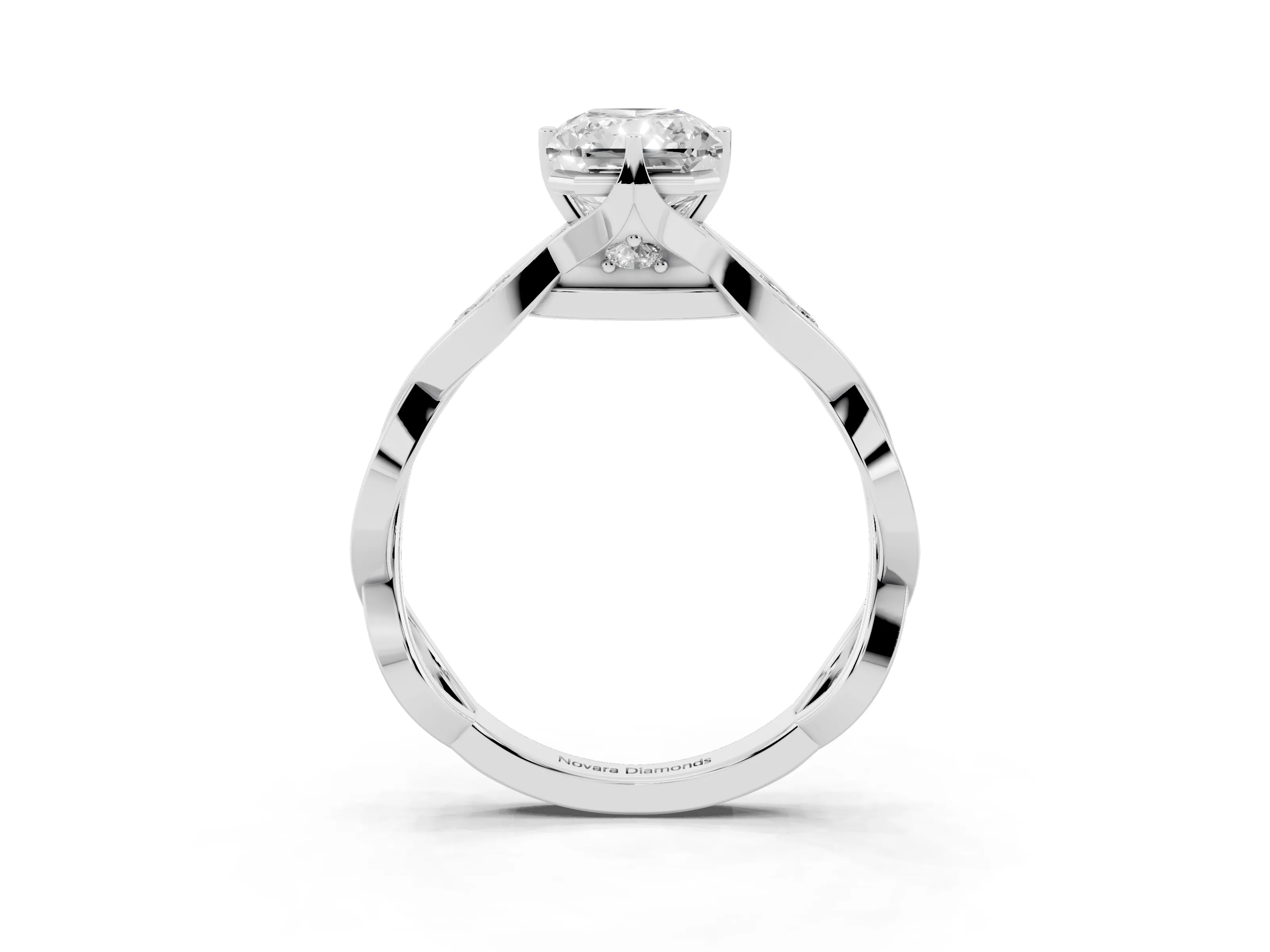 Radiant Cut Diamond Twist Band Solitaire Ring Set in Platinum with Leaf Prong Setting and Accent Stones
