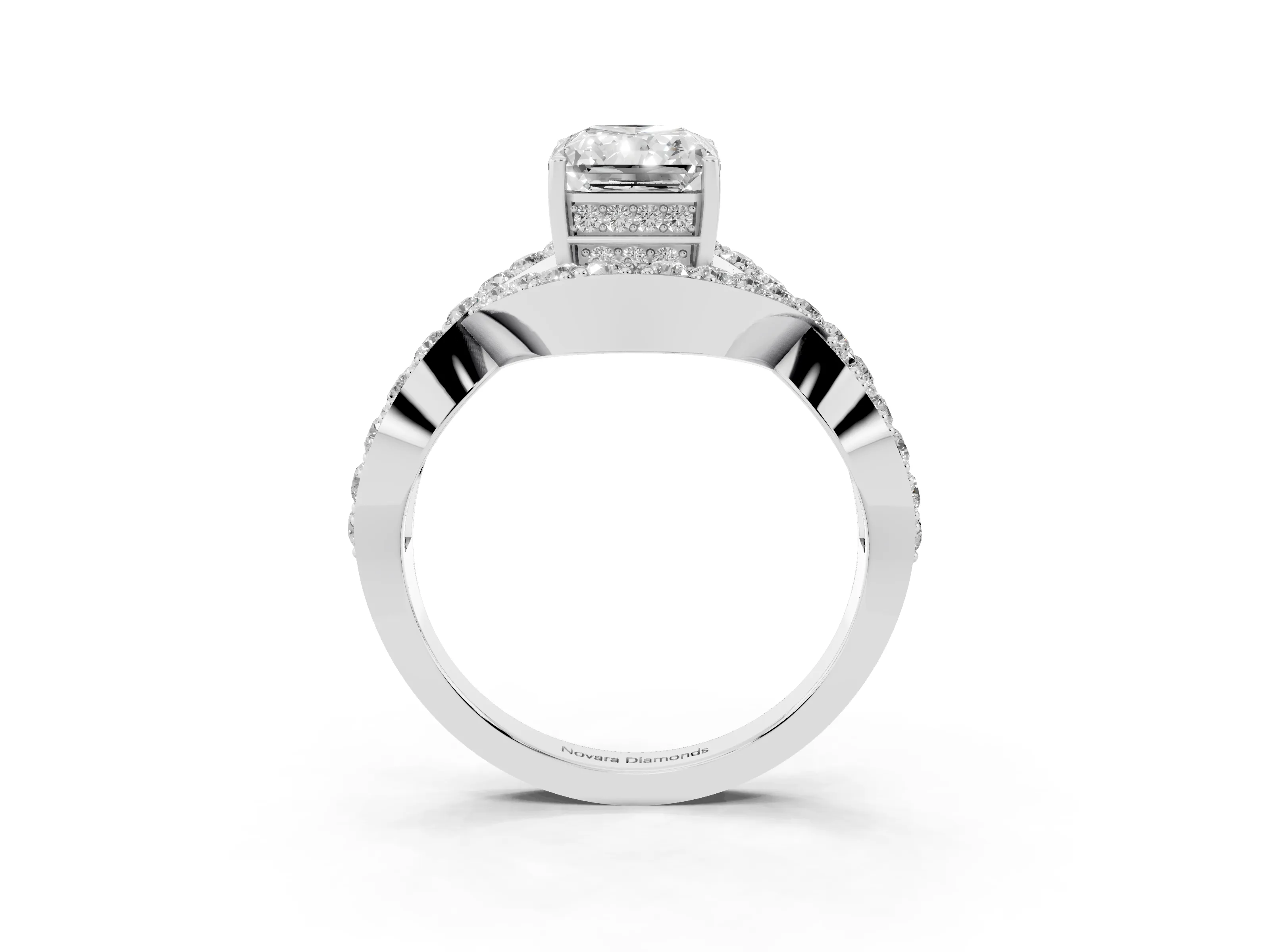 Radiant Cut Diamond Solitaire Twist Band Pavé Engagement Ring Set in Platinum