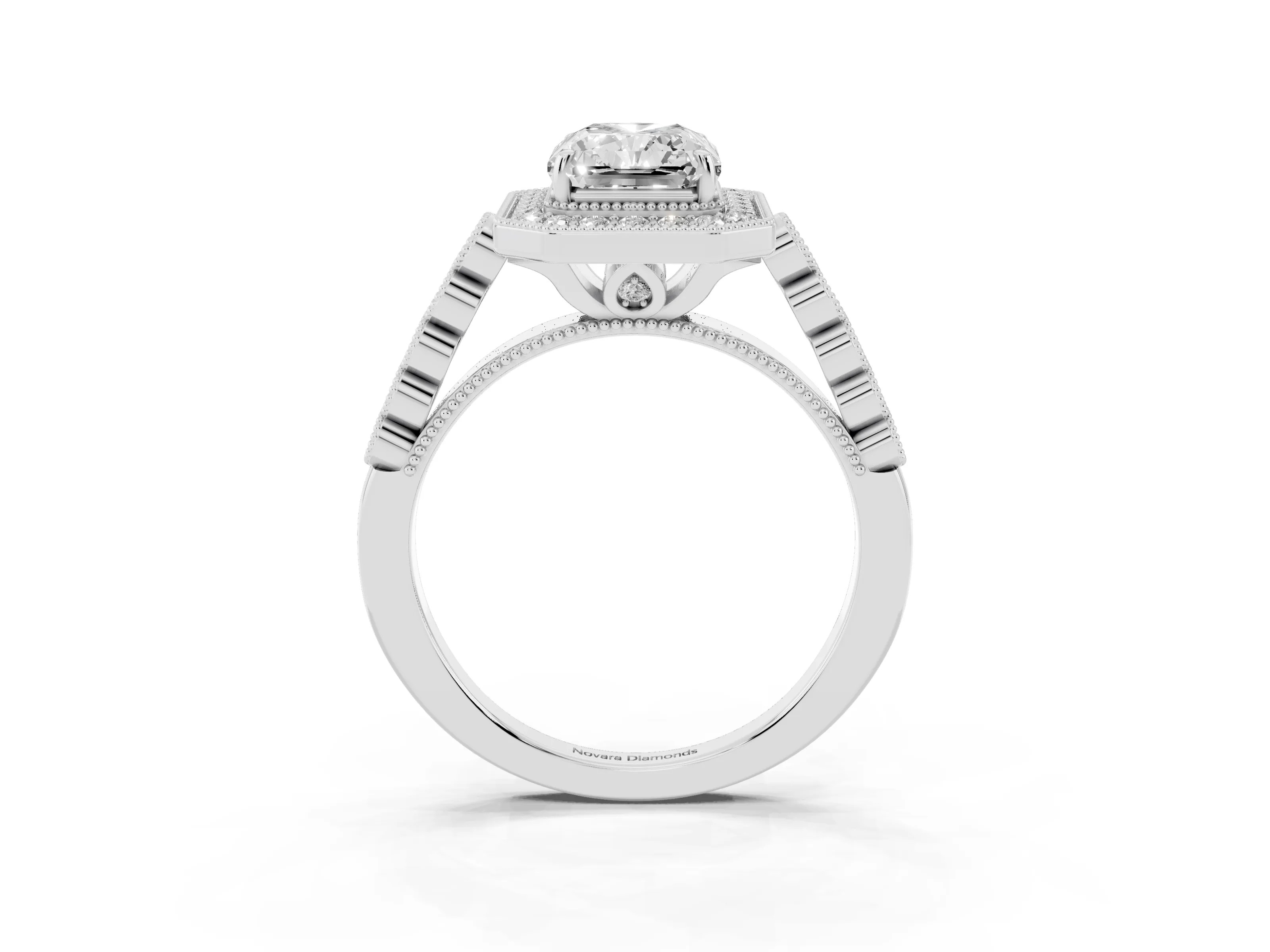 Radiant Cut Diamond Milgrain Halo Solitaire Ring Set in Platinum with Bezel Set Side Stones and Pavé Band