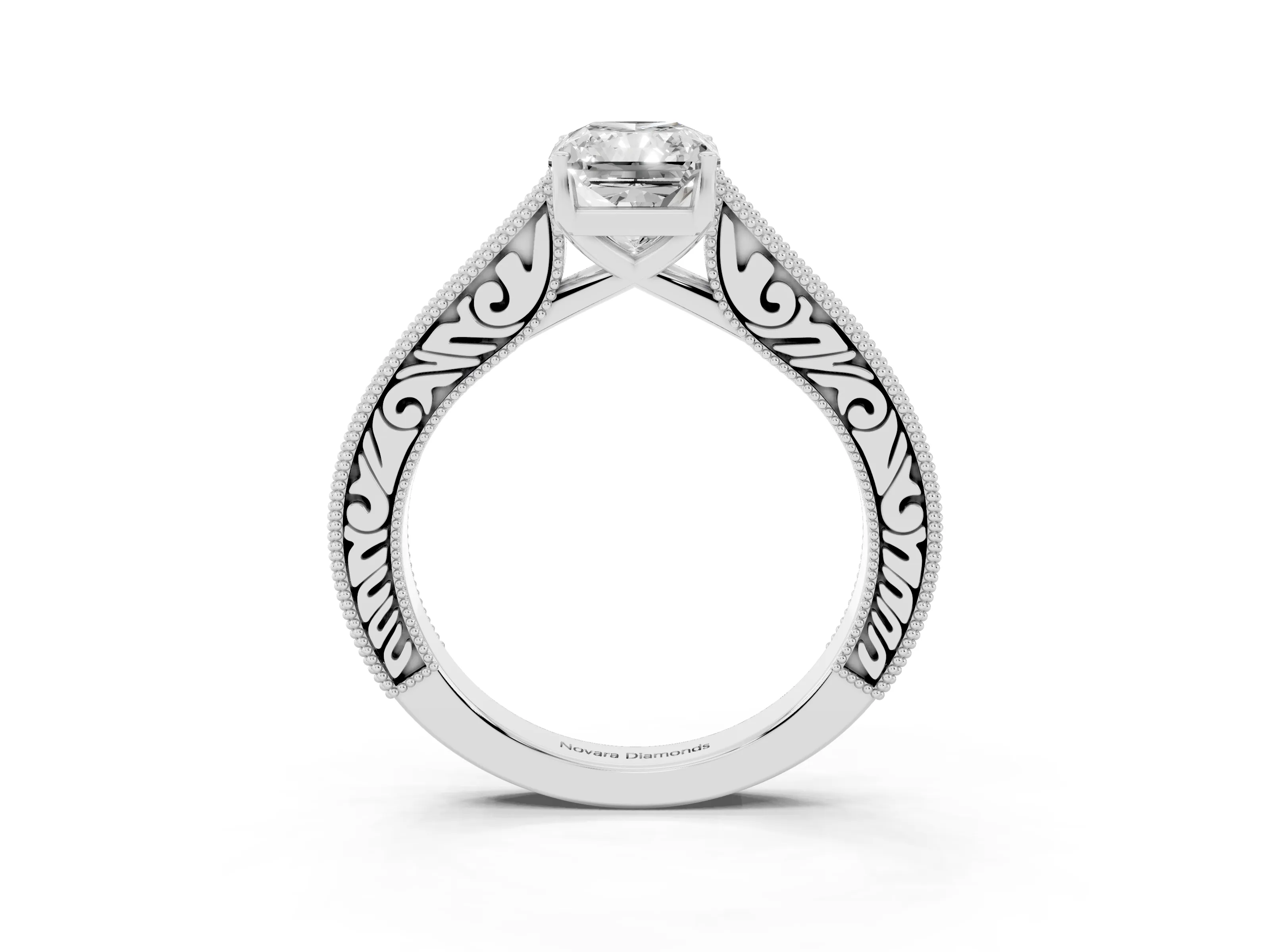 Radiant Cut Diamond Milgrain Pavé Band Solitaire Ring Set in Platinum with Prong Setting