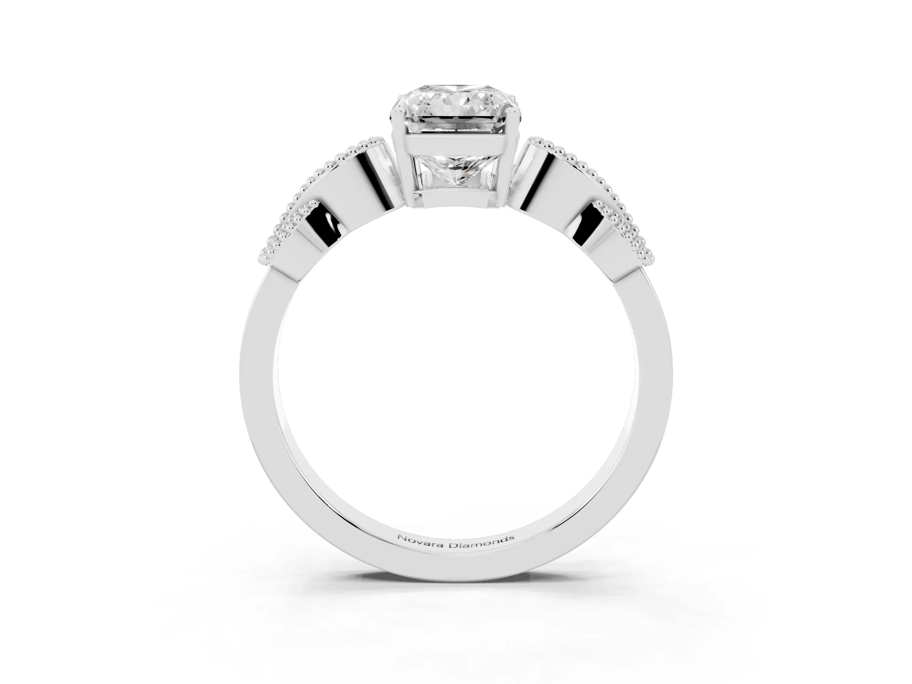 Radiant Cut Diamond Milgrain Leaf Band Solitaire Ring Set in Silver with Accent Stones and Prong Setting