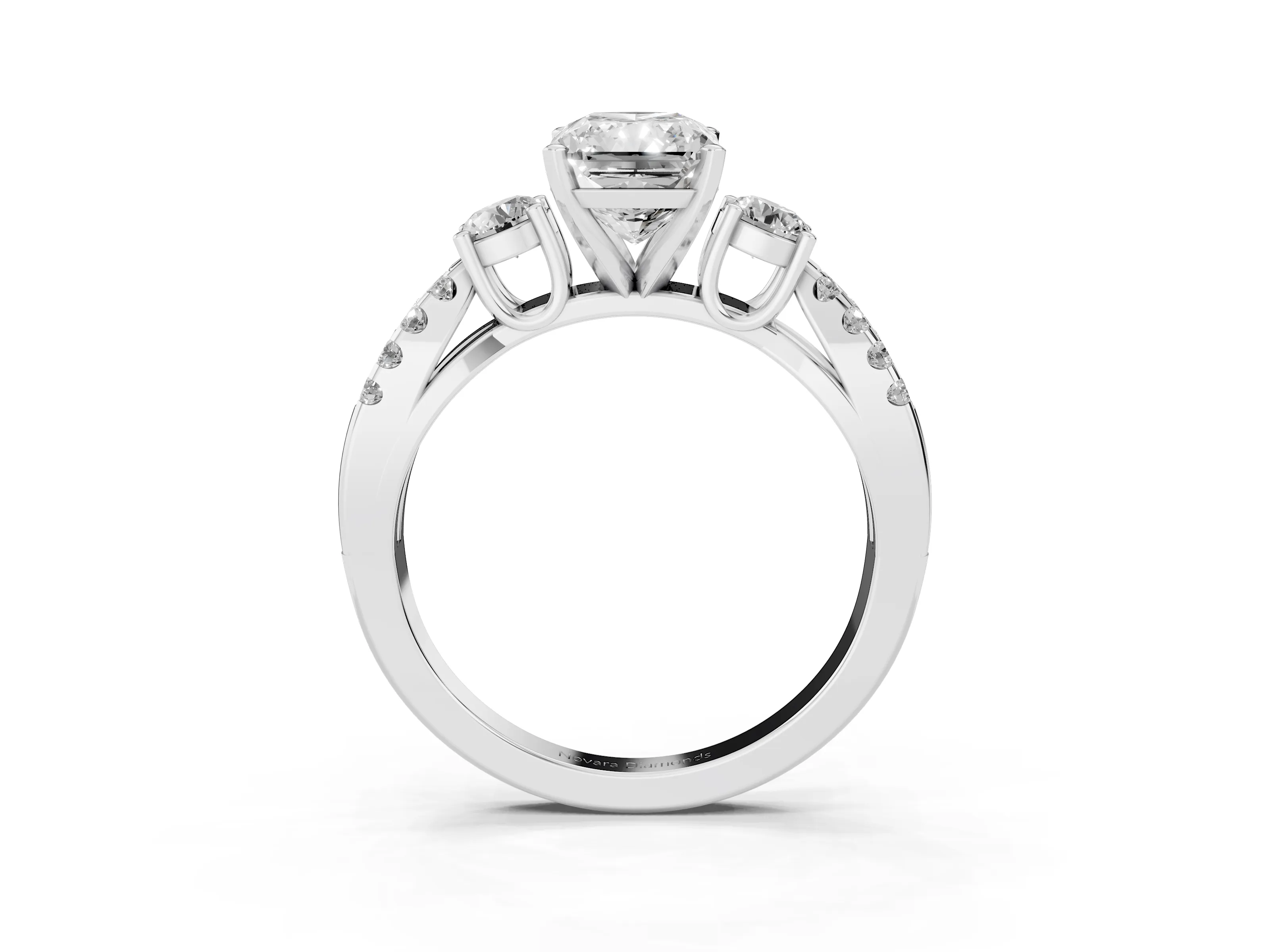 Radiant Cut Diamond Three-Stone Ring Set in Silver with Pavé Split Shank and Prong Setting