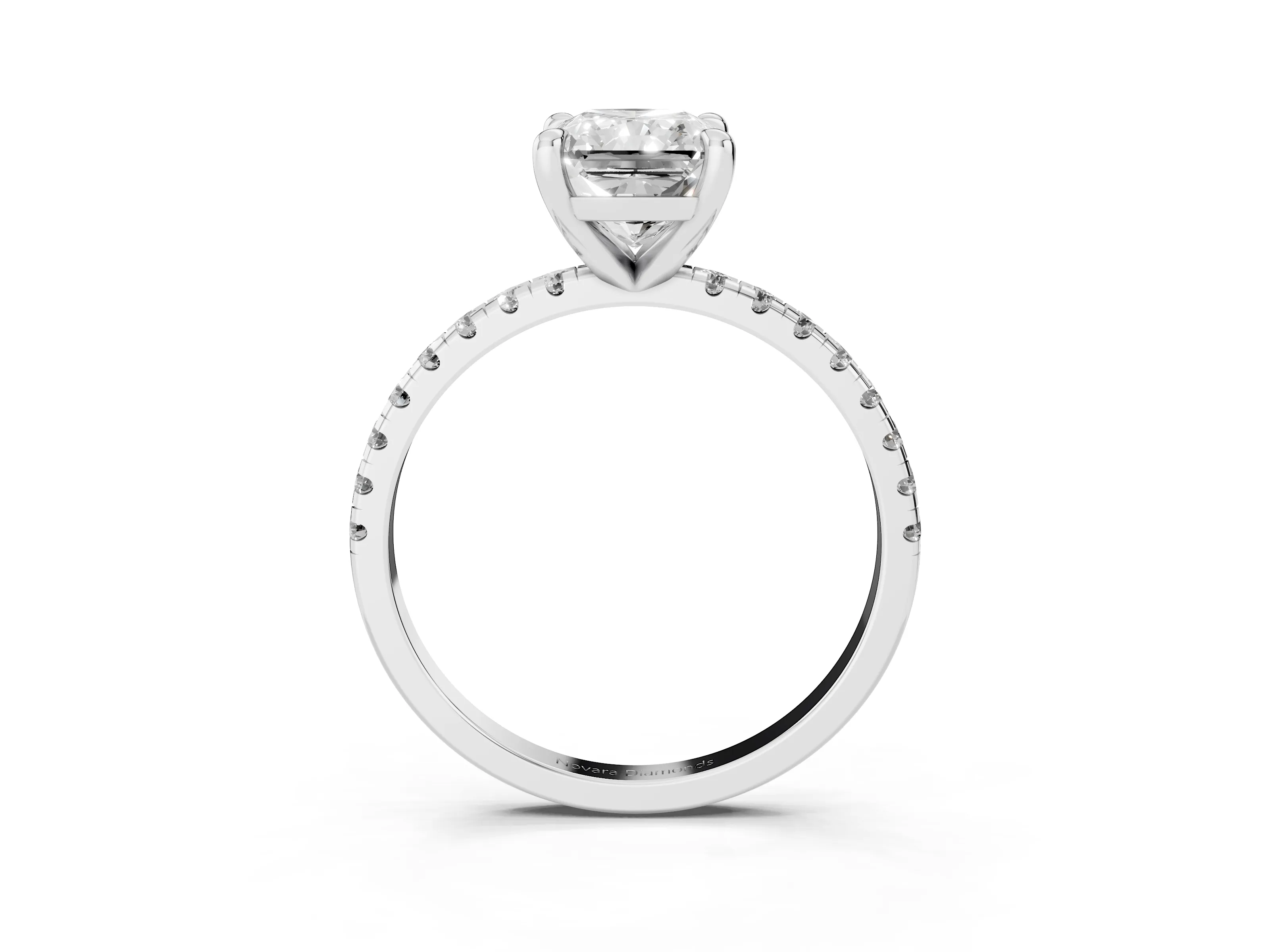 Radiant Cut Diamond Brilliant Solitaire Ring Set in White gold with Pavé Band and Prong Setting