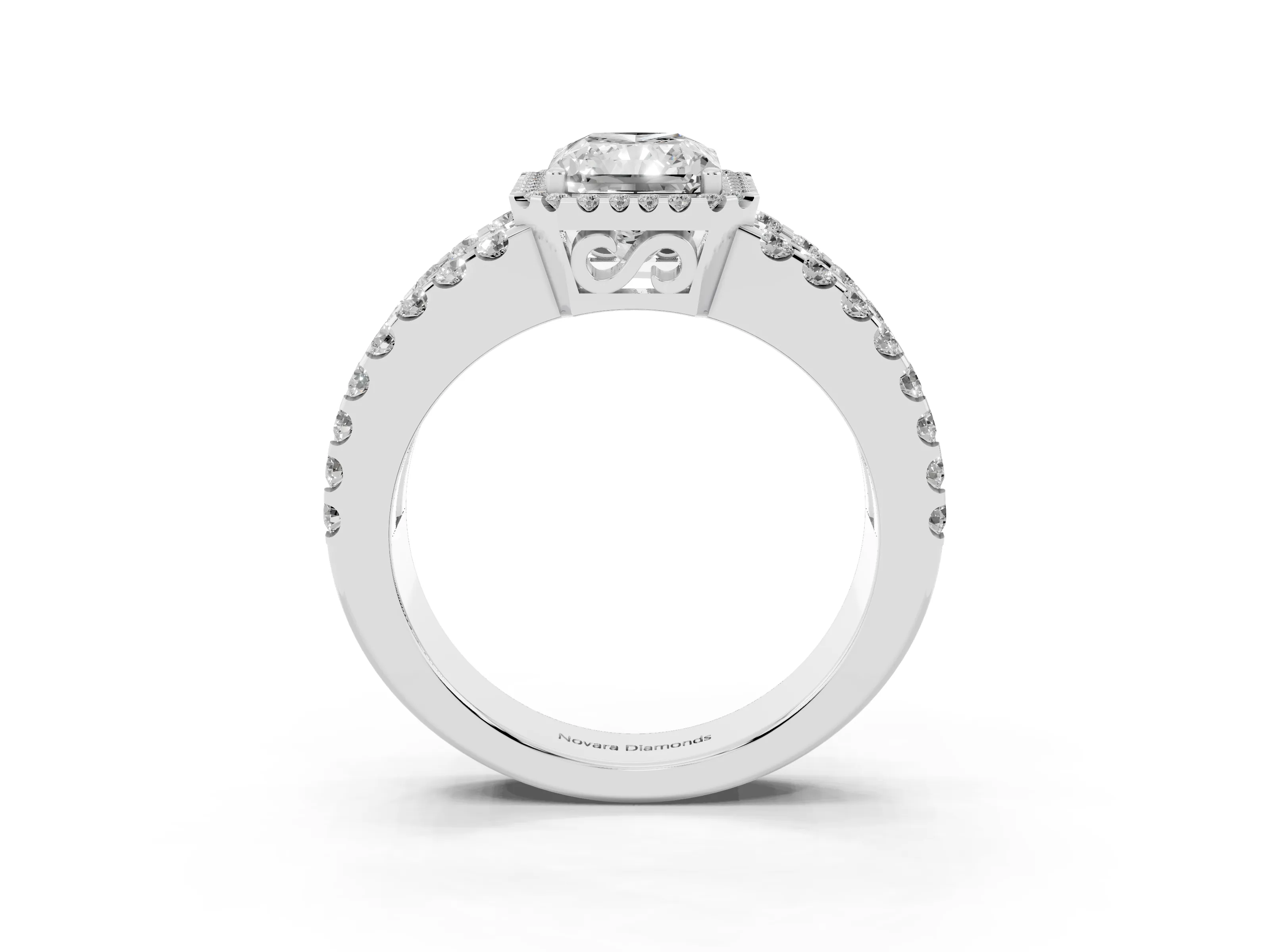 Radiant Cut Diamond Halo Ring Set in Silver with Pavé Split Shank and Prong Setting