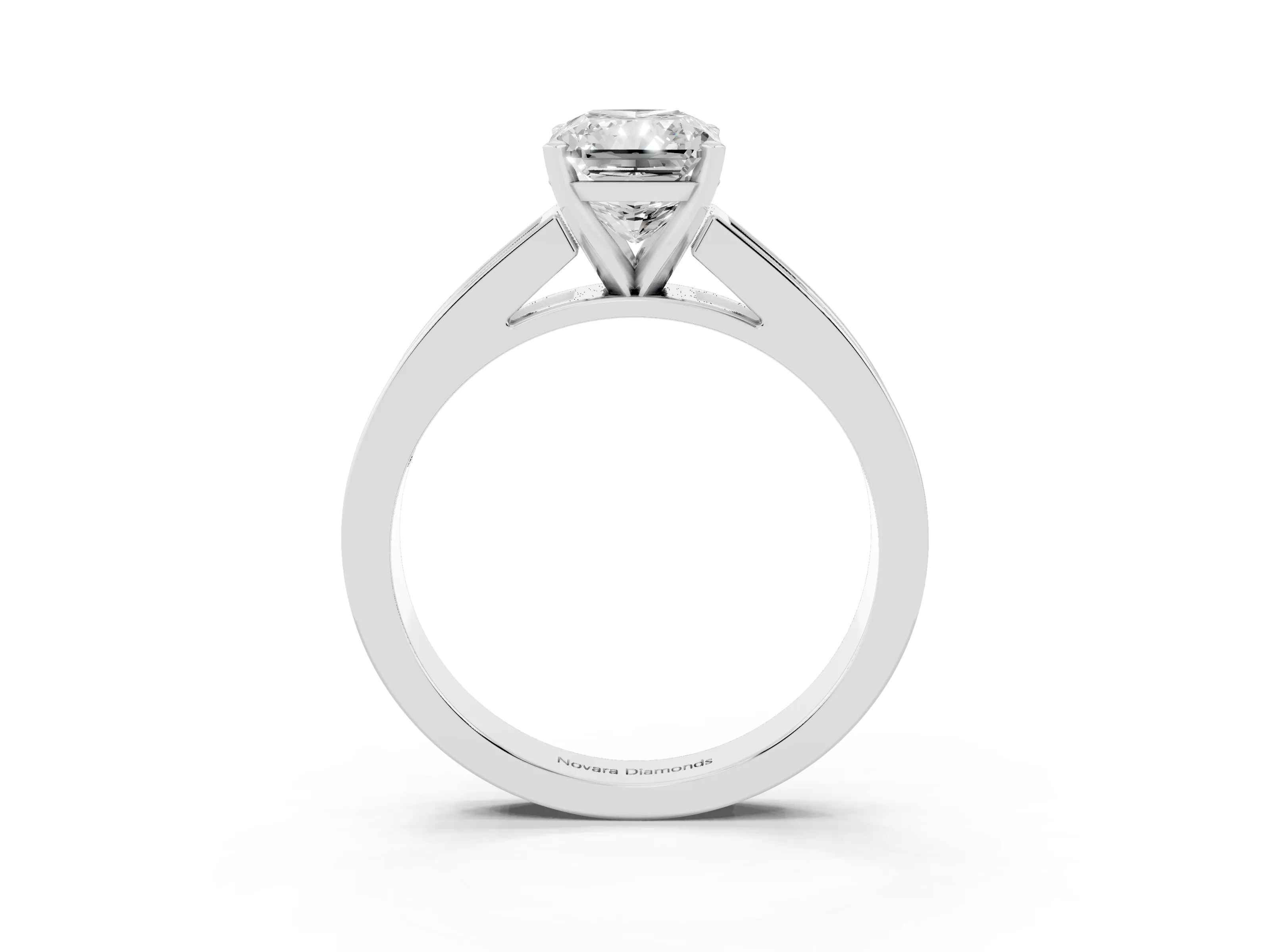Radiant Cut Diamond Solitaire Ring Set in White gold with Channel-Set Band and Prong Setting