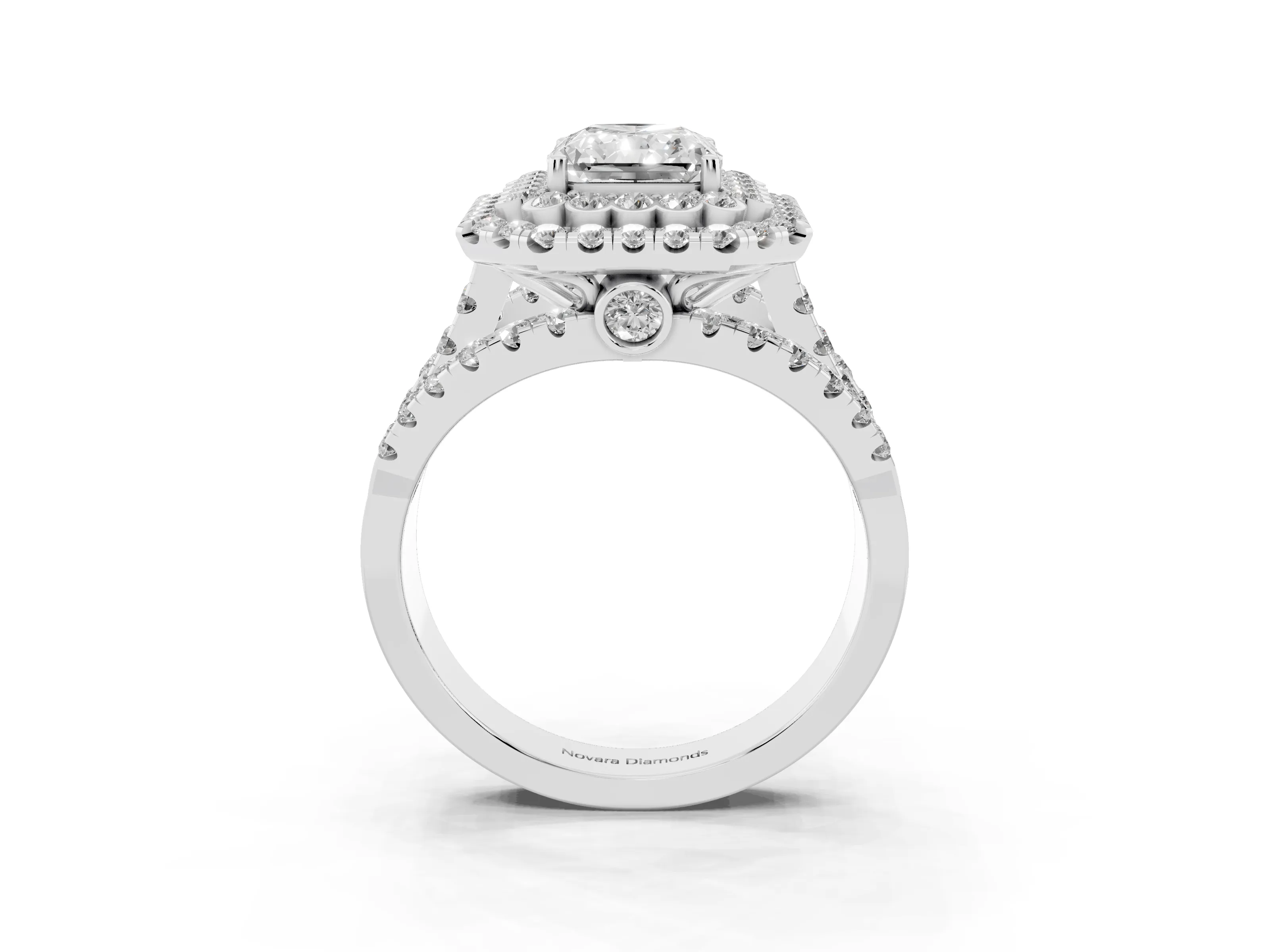 Radiant Cut Diamond Double Halo Ring Set in White gold with Round Pavé Split Shank