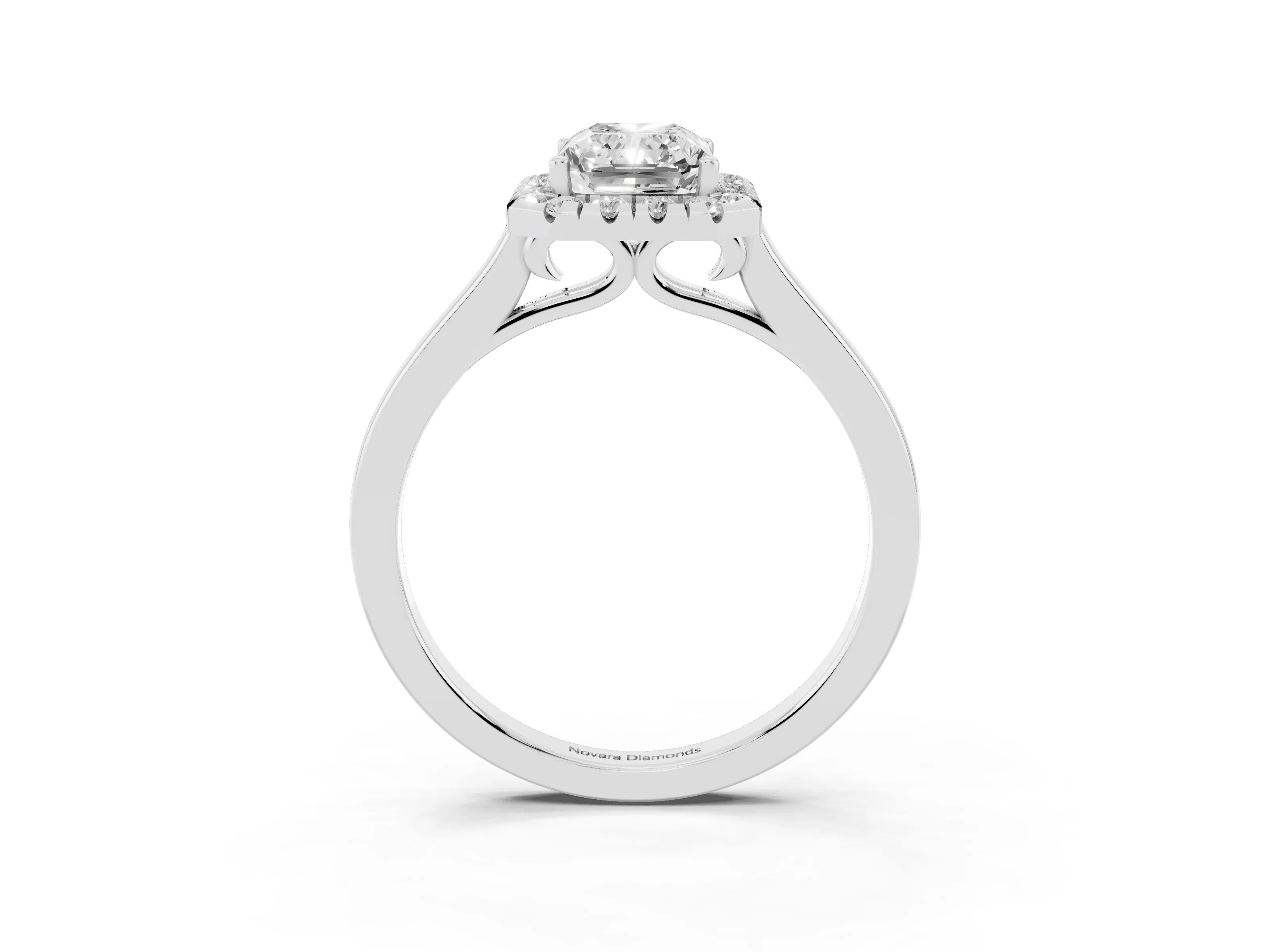 Radiant Cut Halo Round Diamond Solitaire Ring Set in Platinum with Pavé Band and Prong Setting