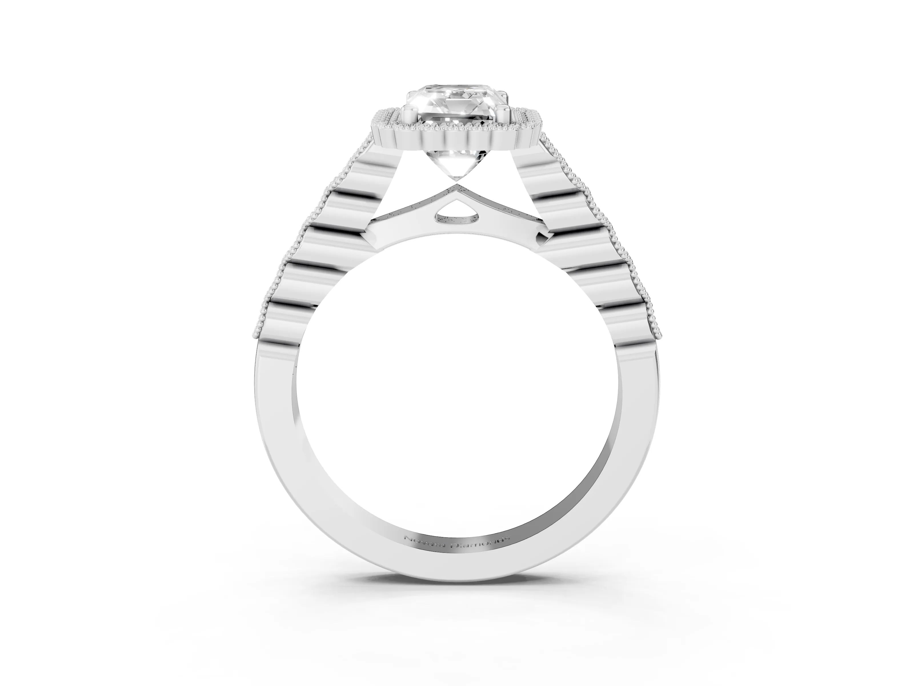 Radiant Cut Diamond Halo Ring Set in Platinum with Pavé Milgrain Band