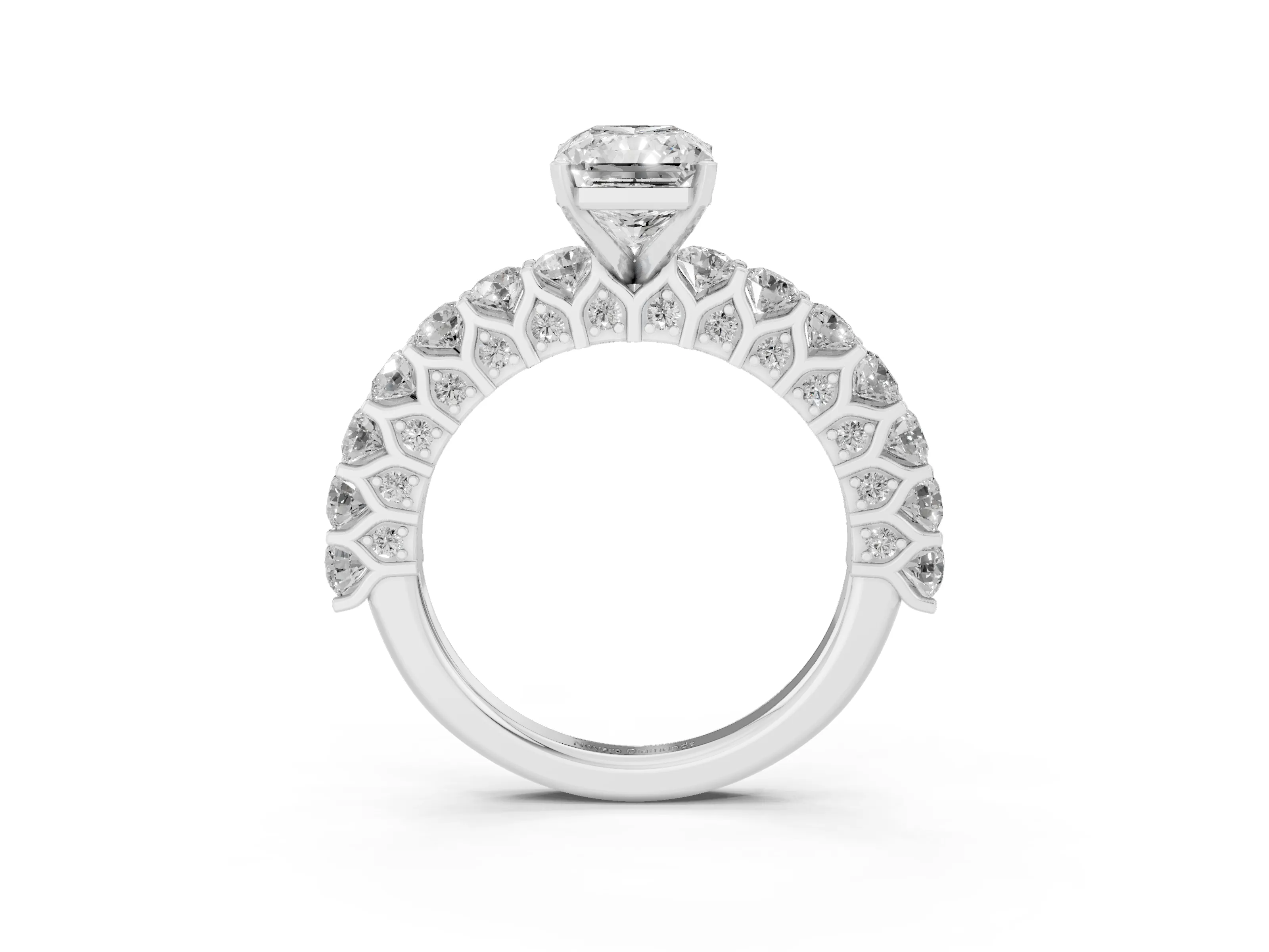 Radiant Cut Diamond Solitaire Ring Set in Silver with Shared Prong Pavé Band