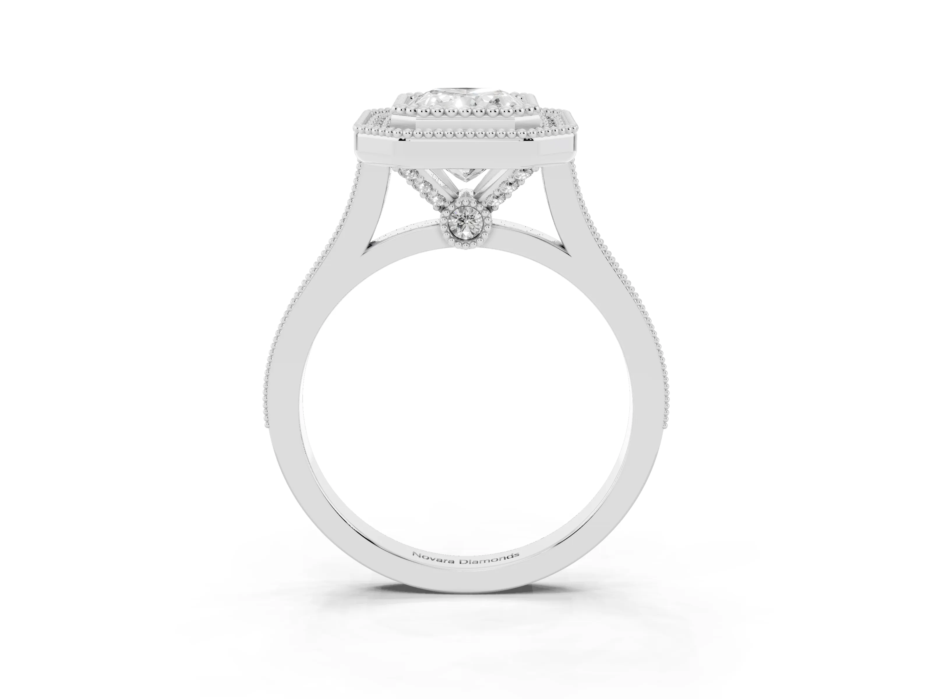 Radiant Cut Diamond Halo Ring Set in White gold with Milgrain Frame and Pavé Band