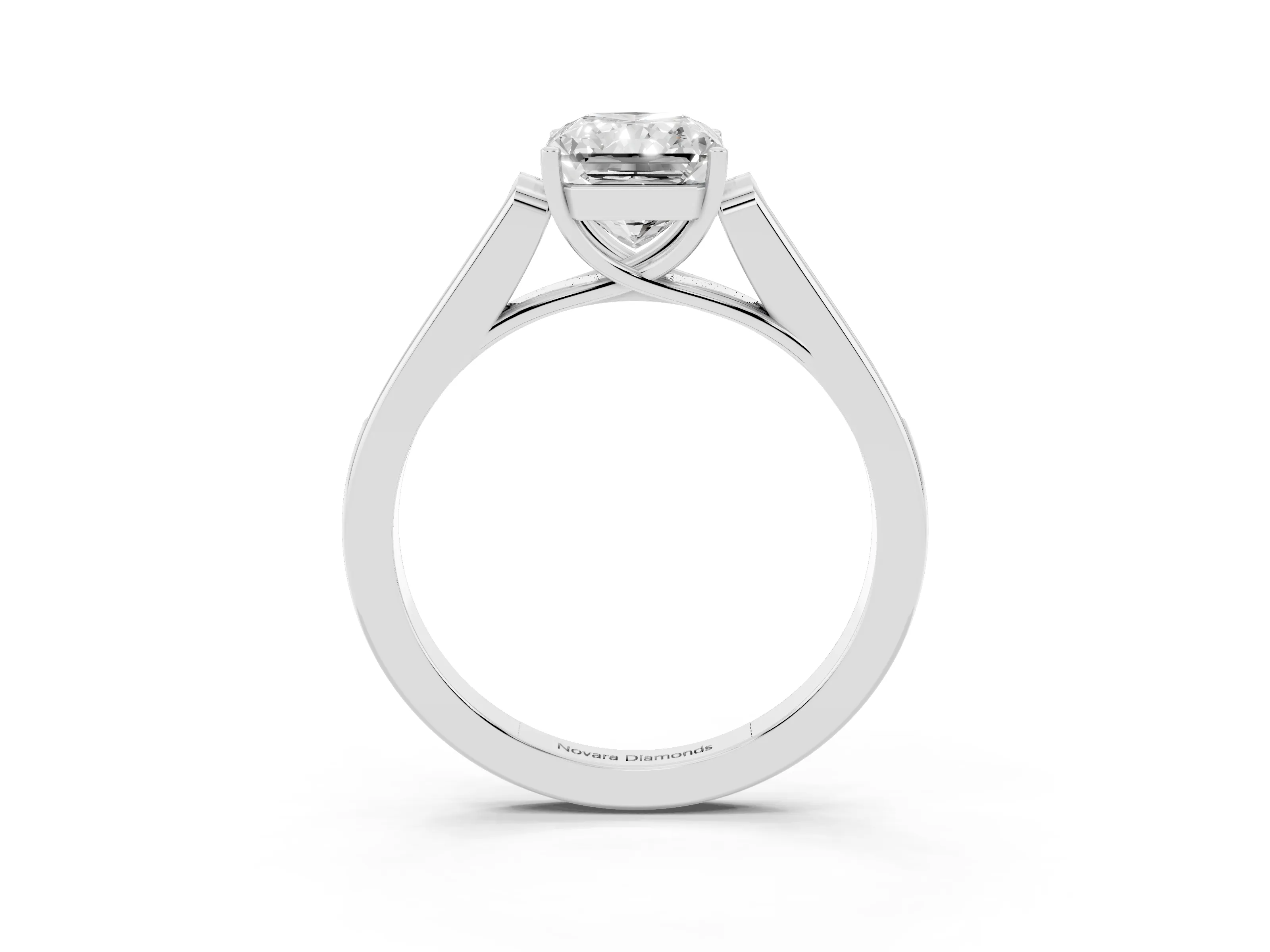Radiant Cut Diamond Solitaire Cathedral Engagement Ring Set in Platinum with Channel-Set Band and Prong Setting