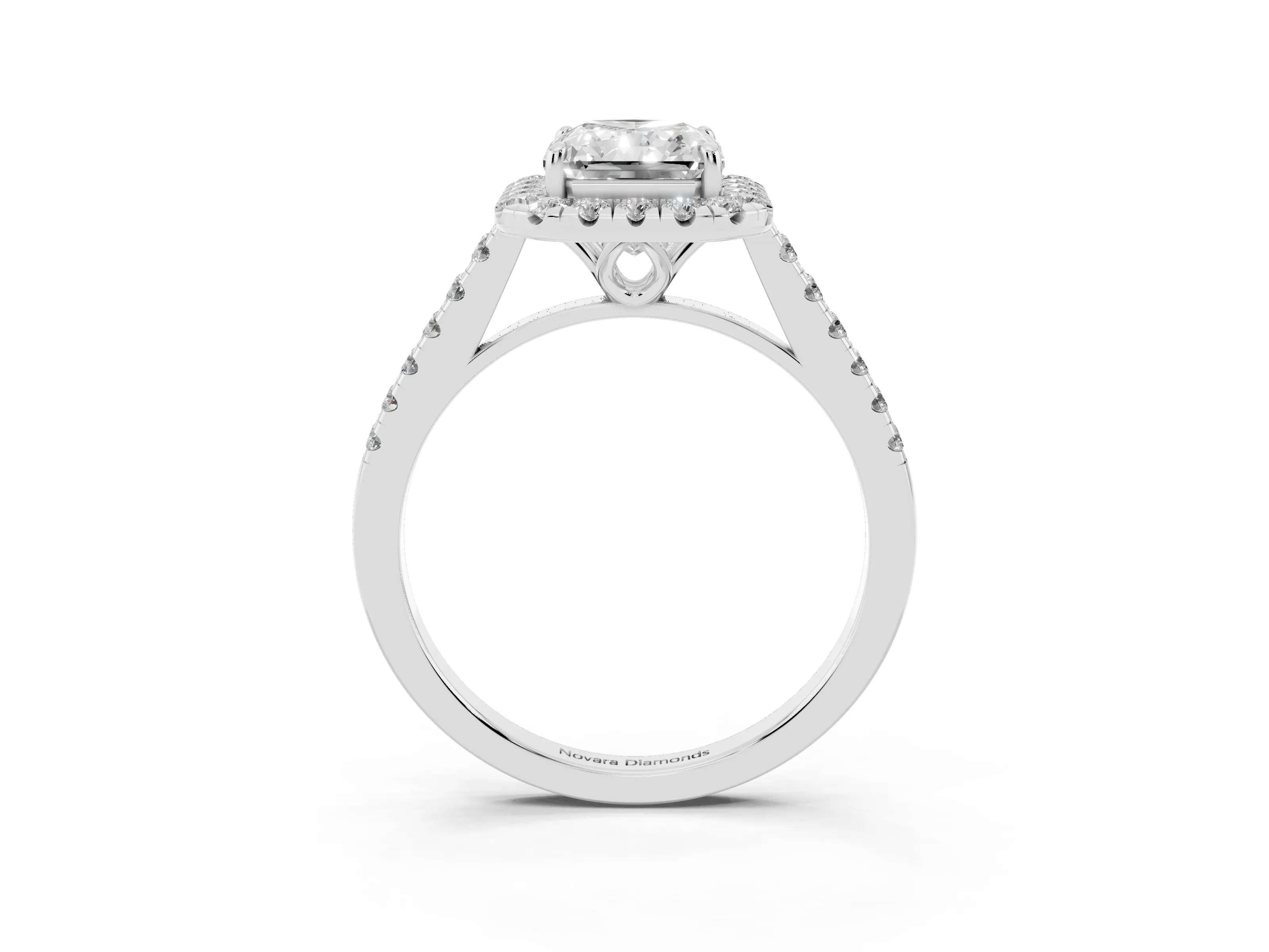 Radiant Cut Diamond Pavé Halo Engagement Ring Set in White gold with Pavé Band and Prong Setting