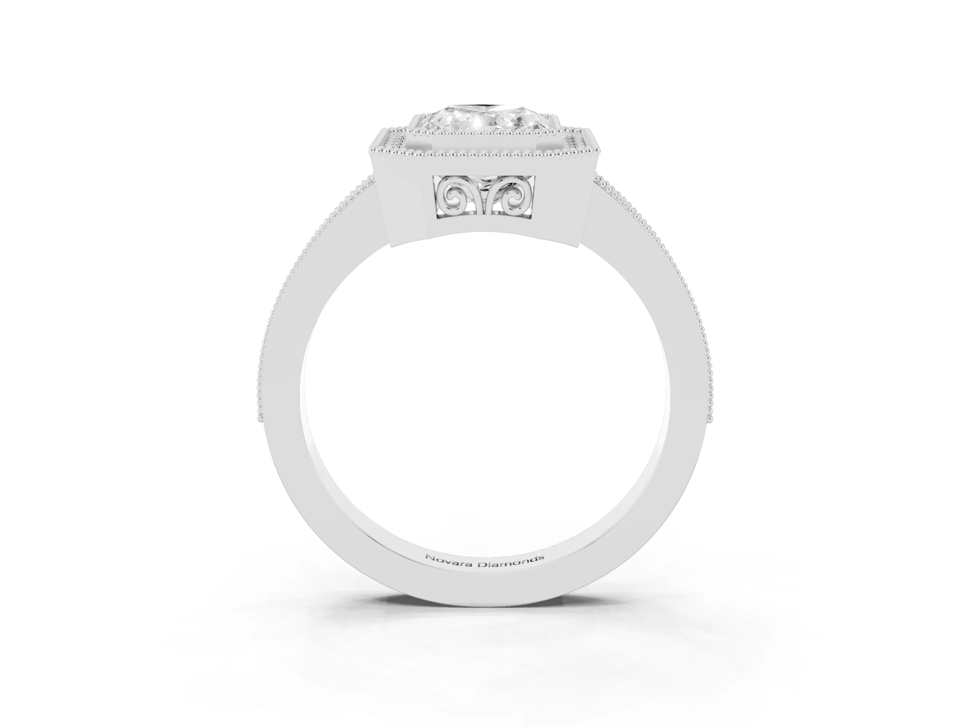 Radiant Cut Diamond Halo Ring Set in White gold with Pavé Band and Milgrain-Edged Prongs