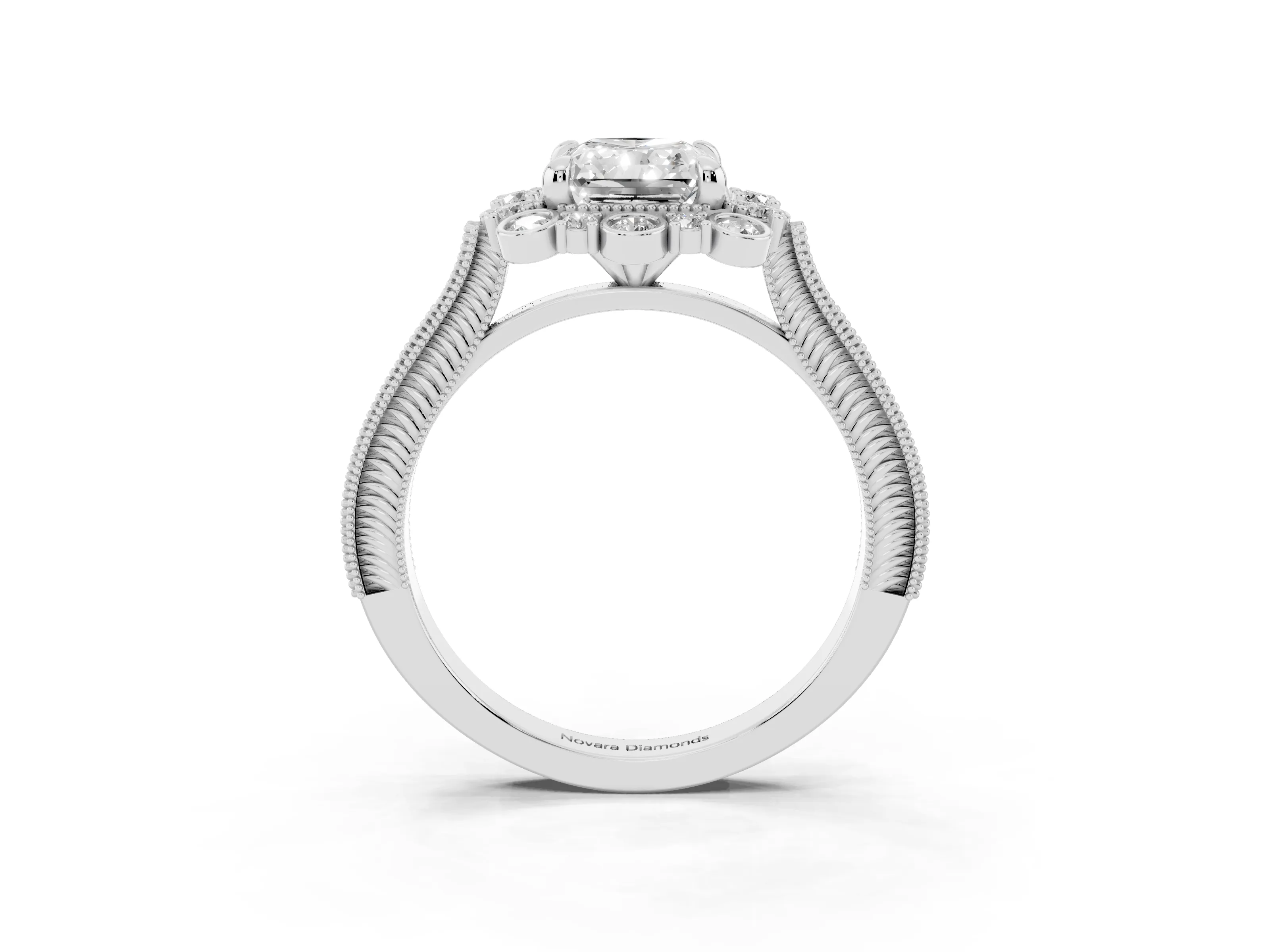 Radiant Cut Diamond Halo Milgrain Pavé Ring Set in Platinum with Prong Setting