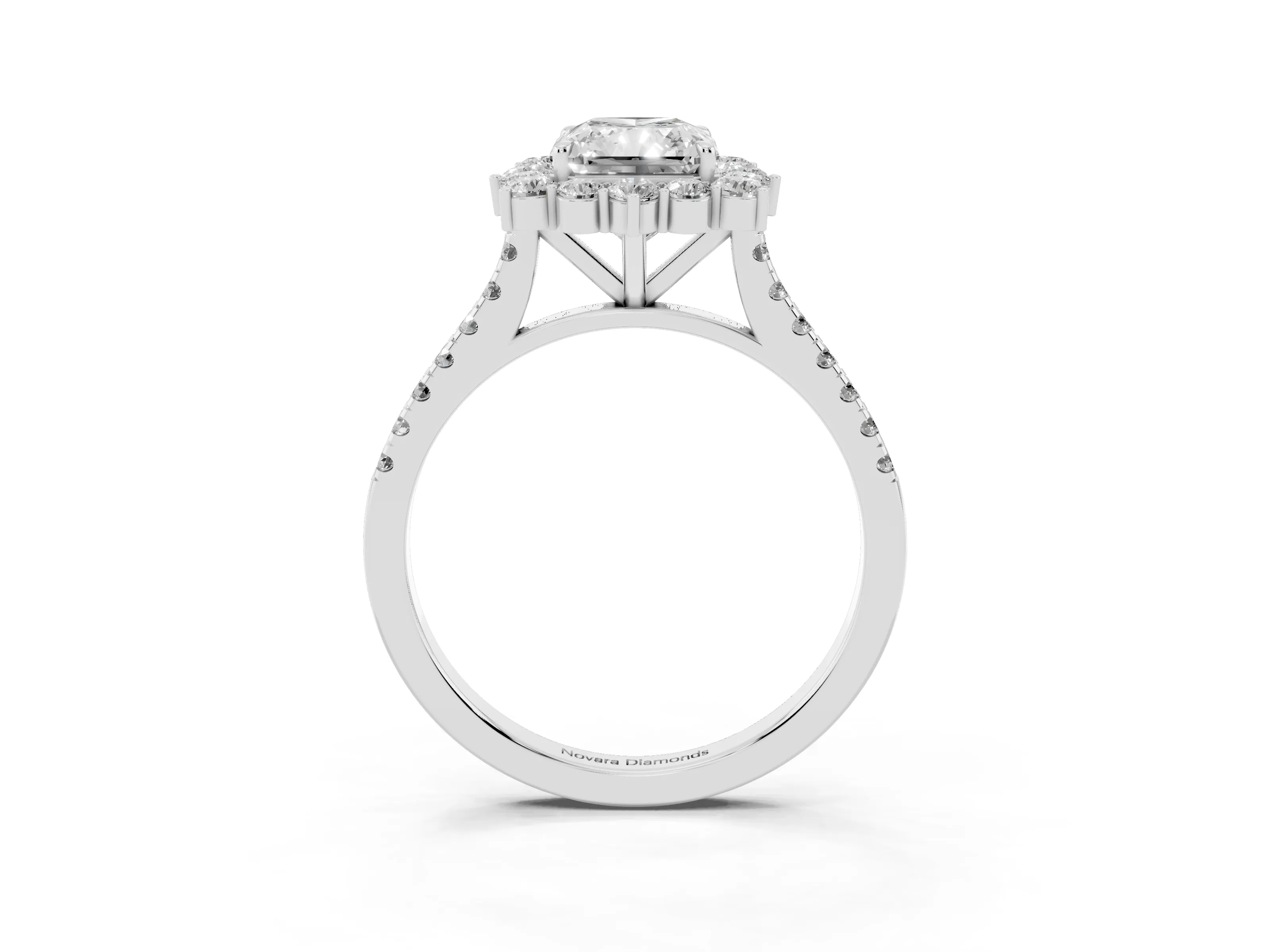Radiant Cut Diamond Halo Ring Set in Silver with Pavé Band and Prong Setting