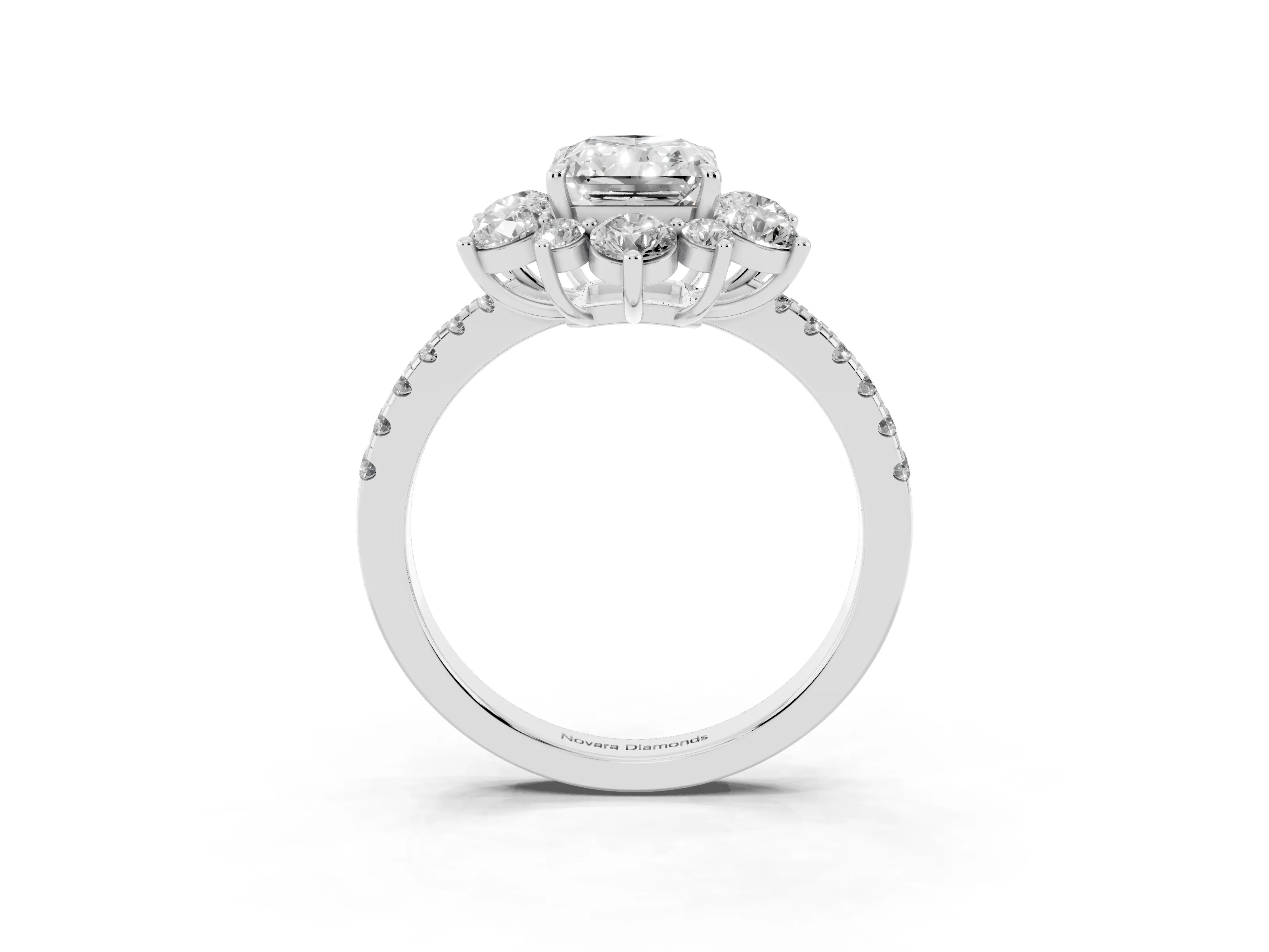 Radiant Cut Diamond Floral Halo Ring Set in Platinum with Round Pavé Band and Prong Setting