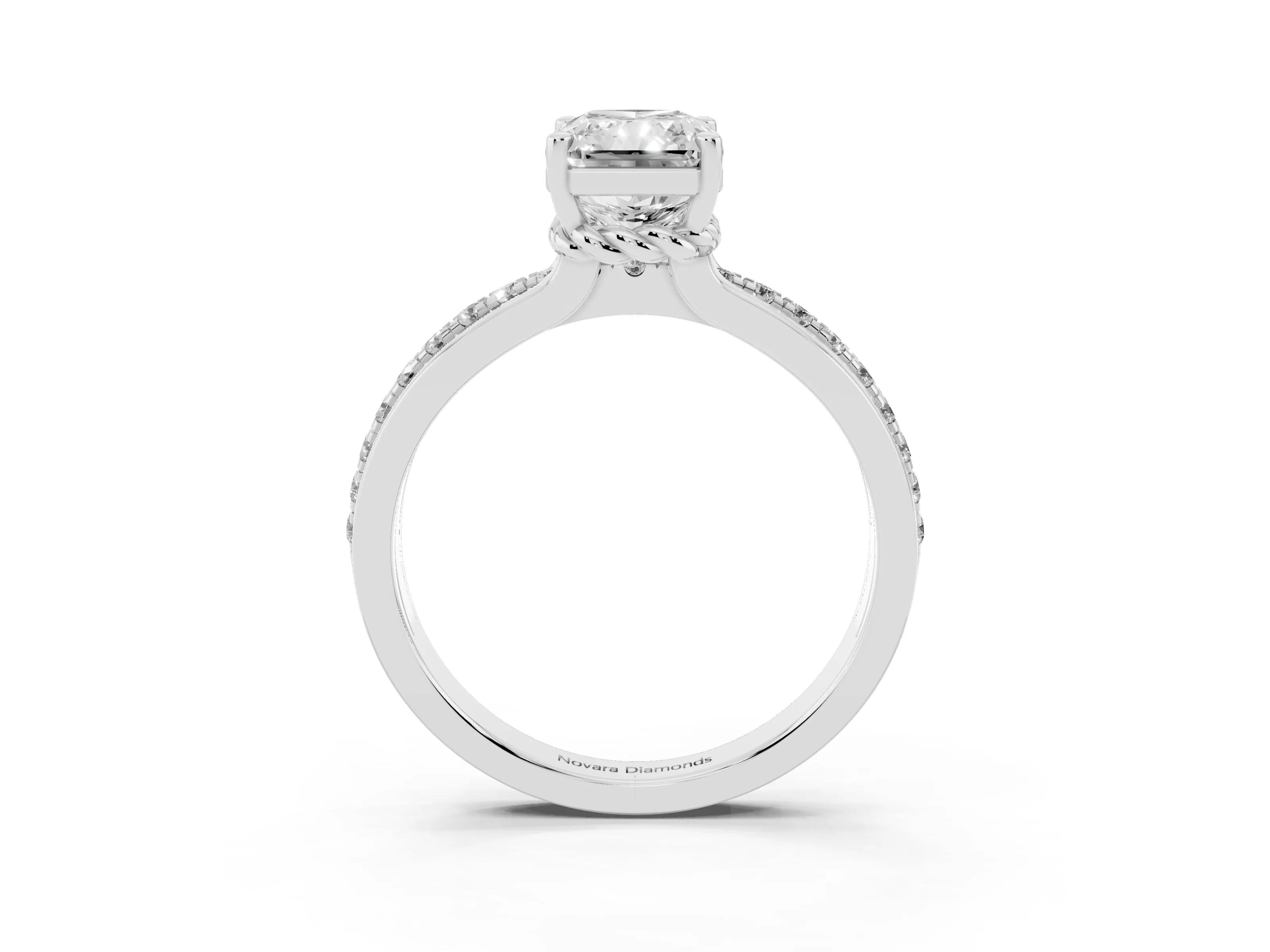 Radiant Cut Diamond Solitaire Ring Set in White gold with Channel Set Band and Prong Setting