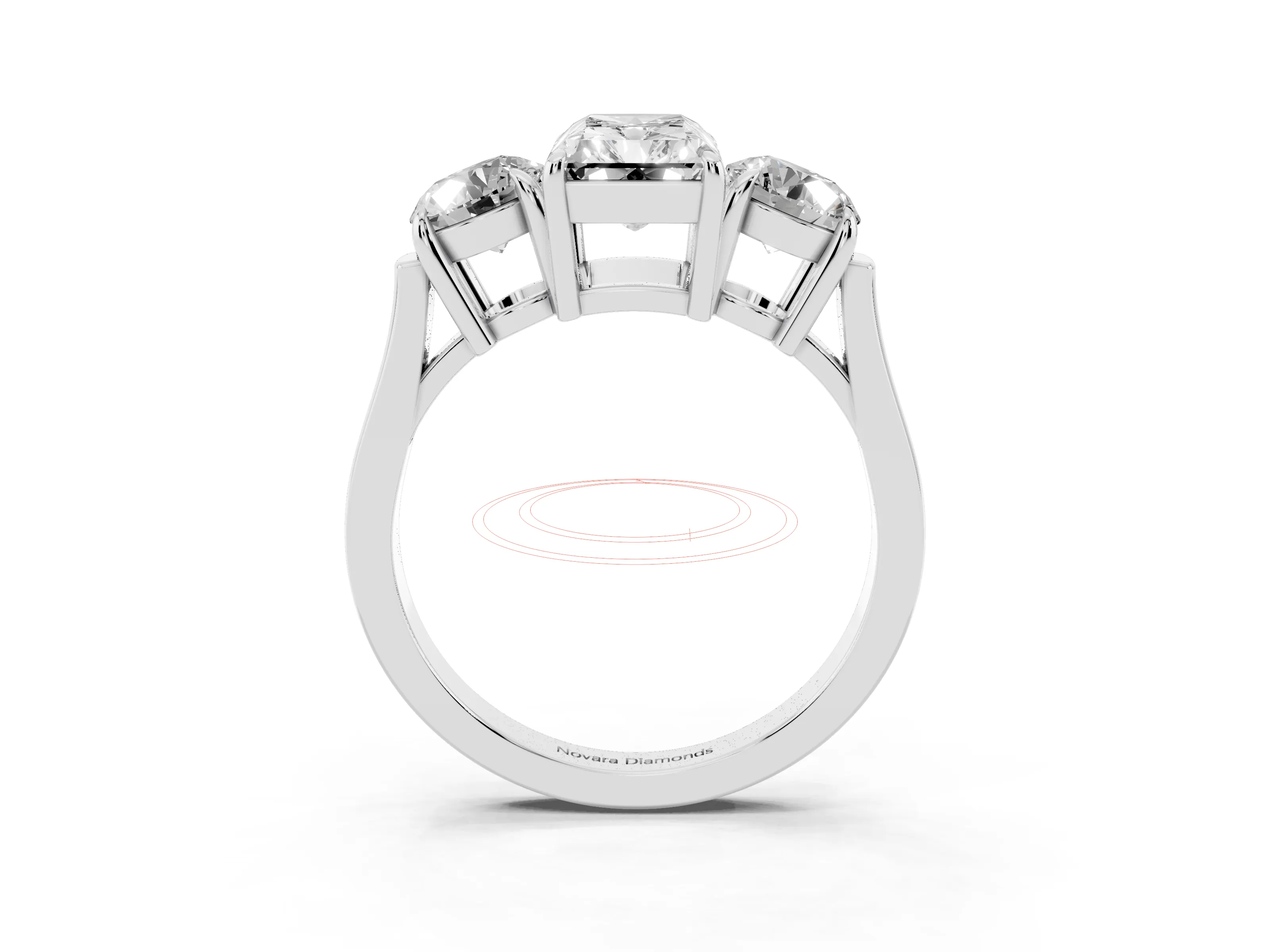 Radiant Cut Diamond Three-Stone Ring Set in White gold with Round Accent Stones and Plain Band