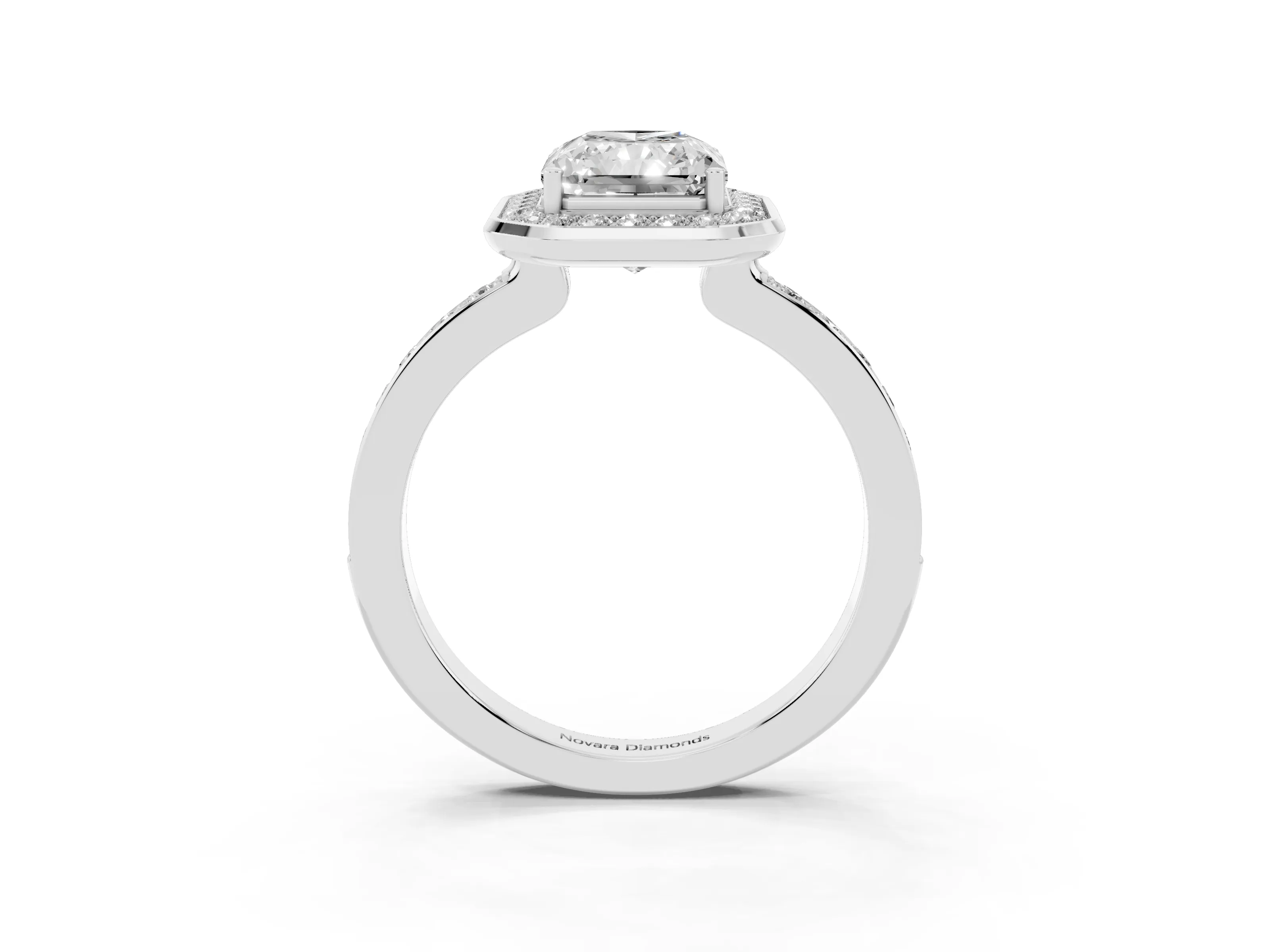 Radiant Cut Diamond Halo Ring Set in White gold with Bezel Frame and Pavé Band