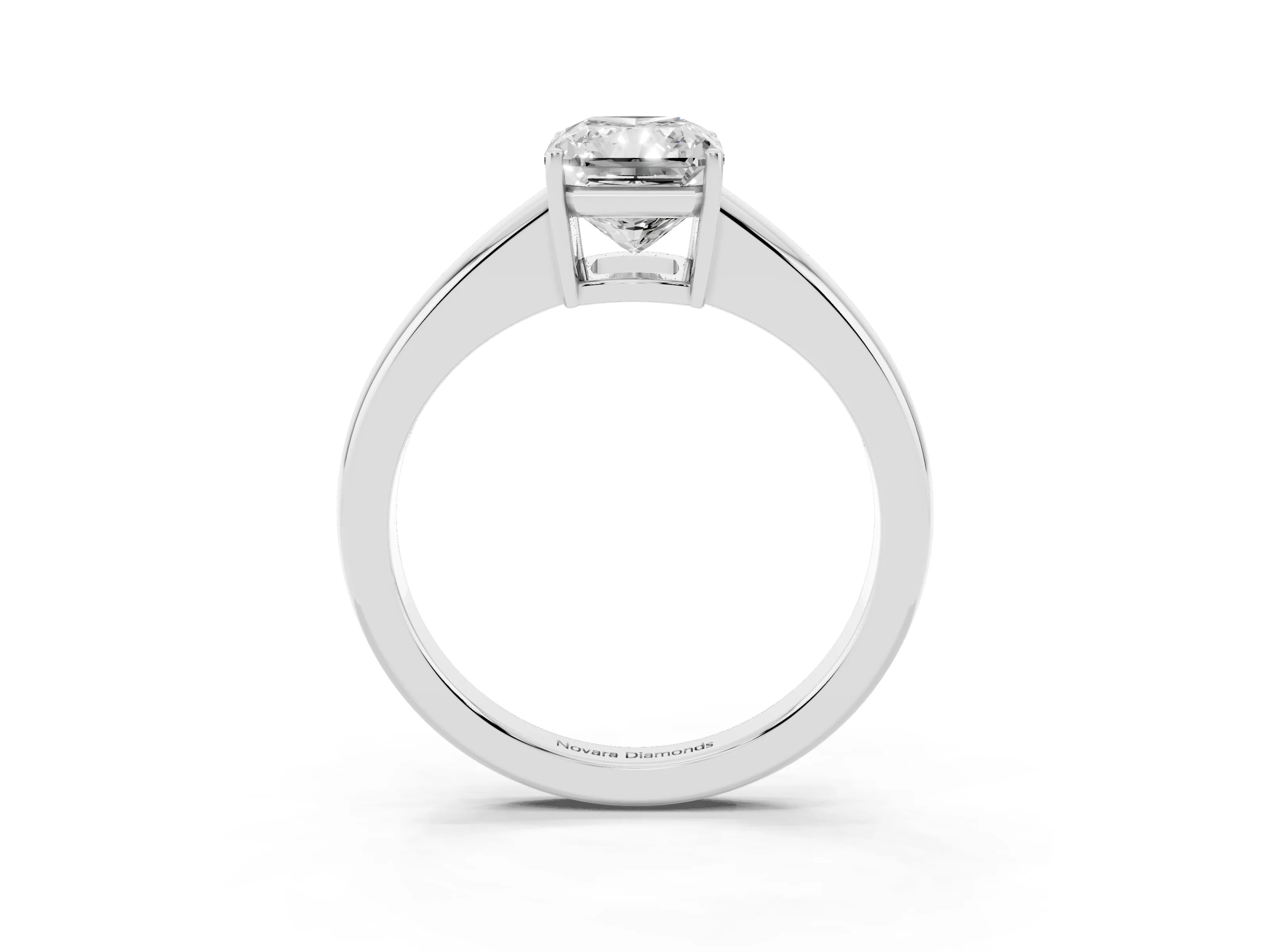 Radiant Cut Diamond Solitaire Ring Set in White gold with Tapered Band and Prong Setting