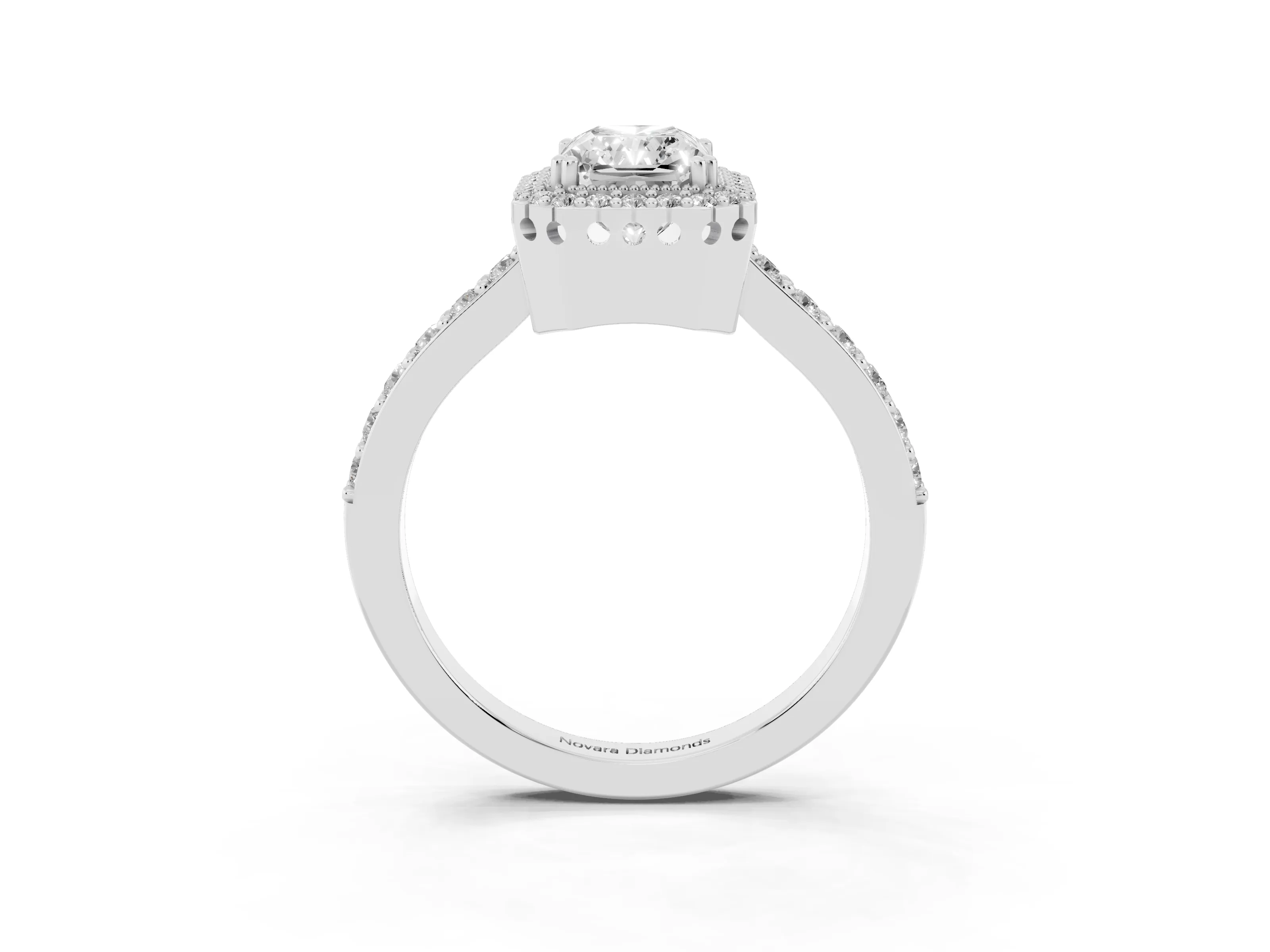 Radiant Cut Diamond Halo Engagement Ring Set in Platinum with Milgrain Detail and Pavé Band