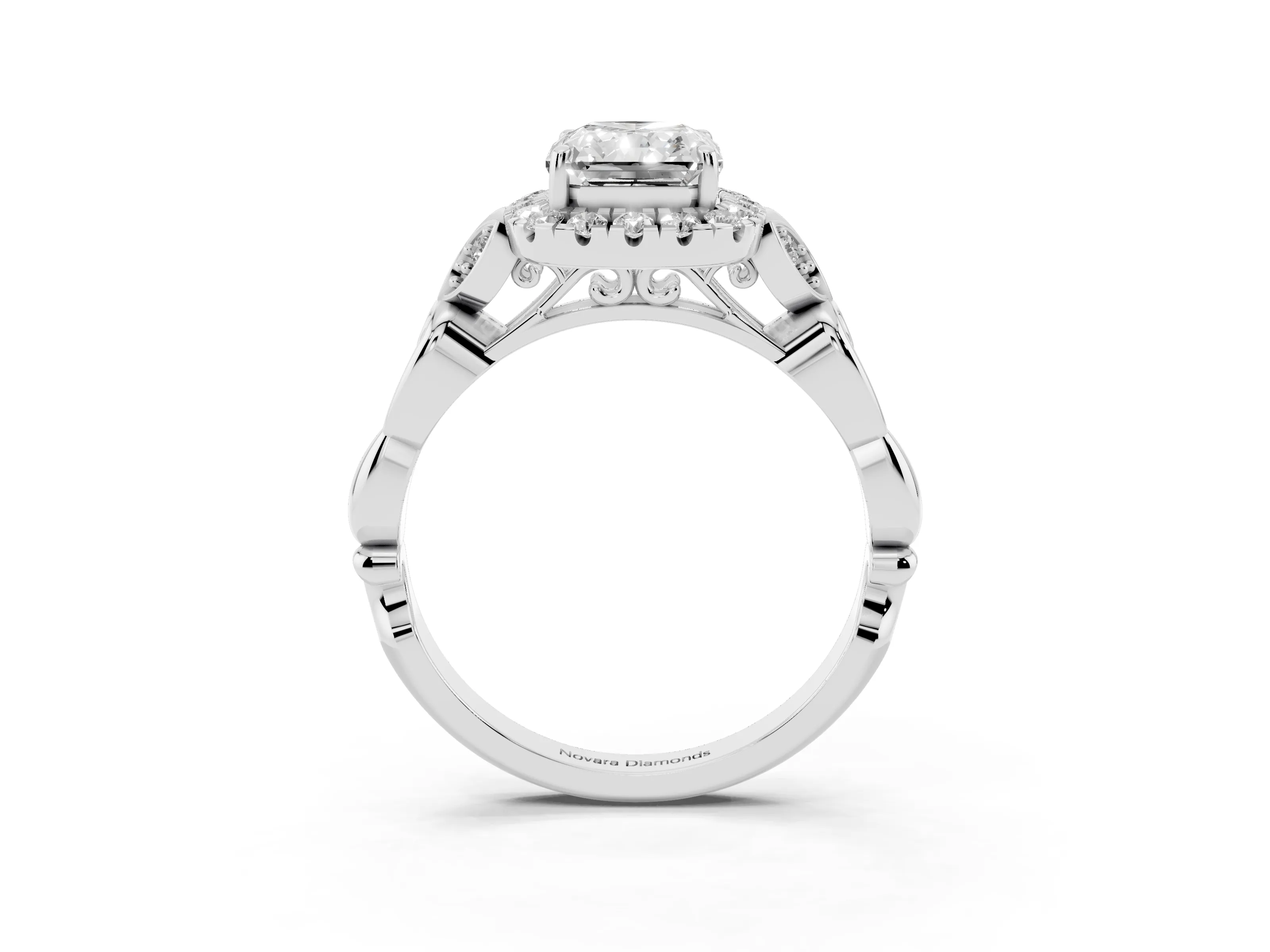 Radiant Cut Diamond Halo Engagement Ring Set in Platinum with Vintage-Inspired Band and Prong Setting