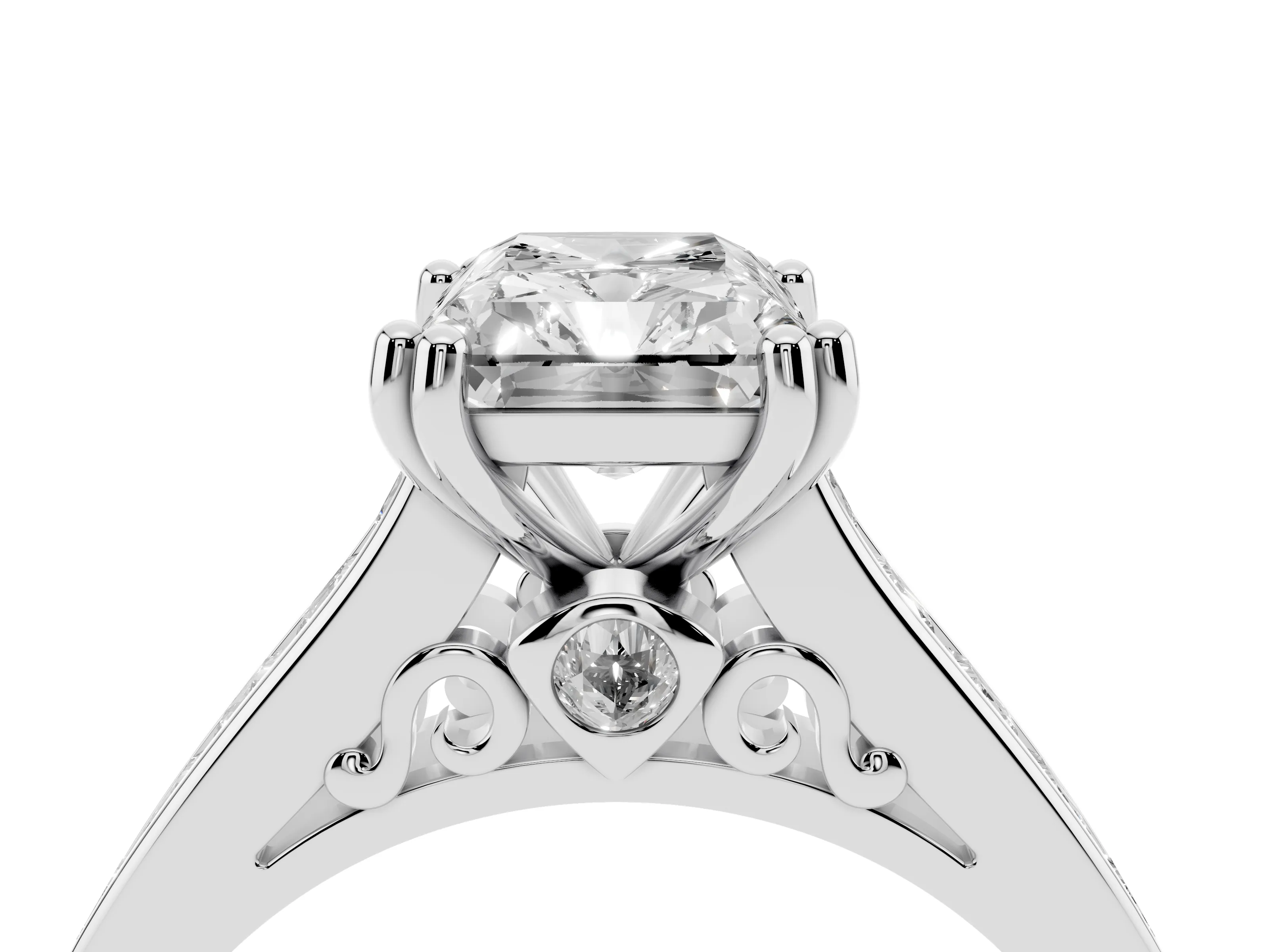 Radiant Cut Diamond Channel Set Solitaire Engagement Ring Set in White gold with Prong Setting
